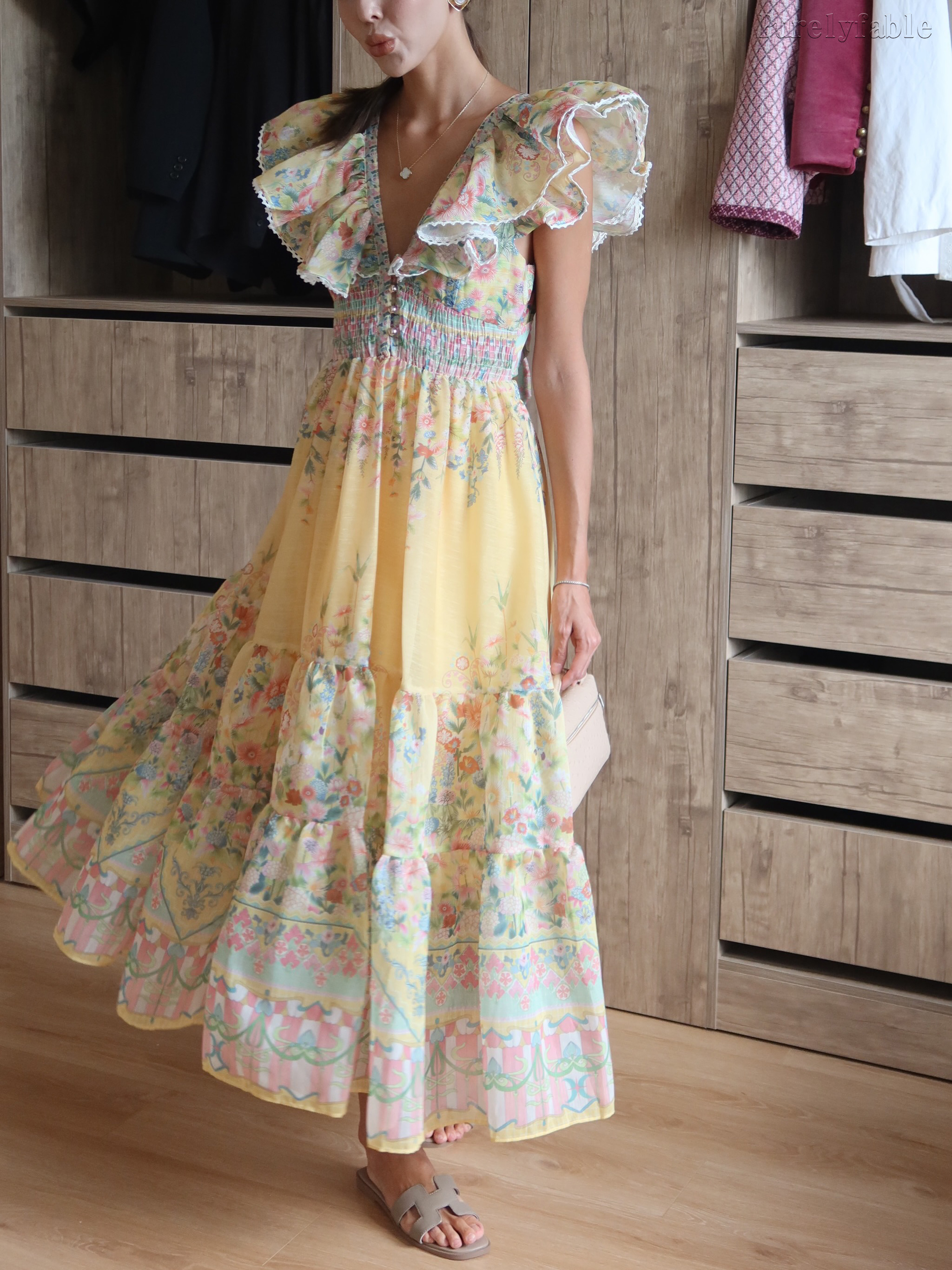 Annalise Yellow Frill-Edge Printed Long Dress