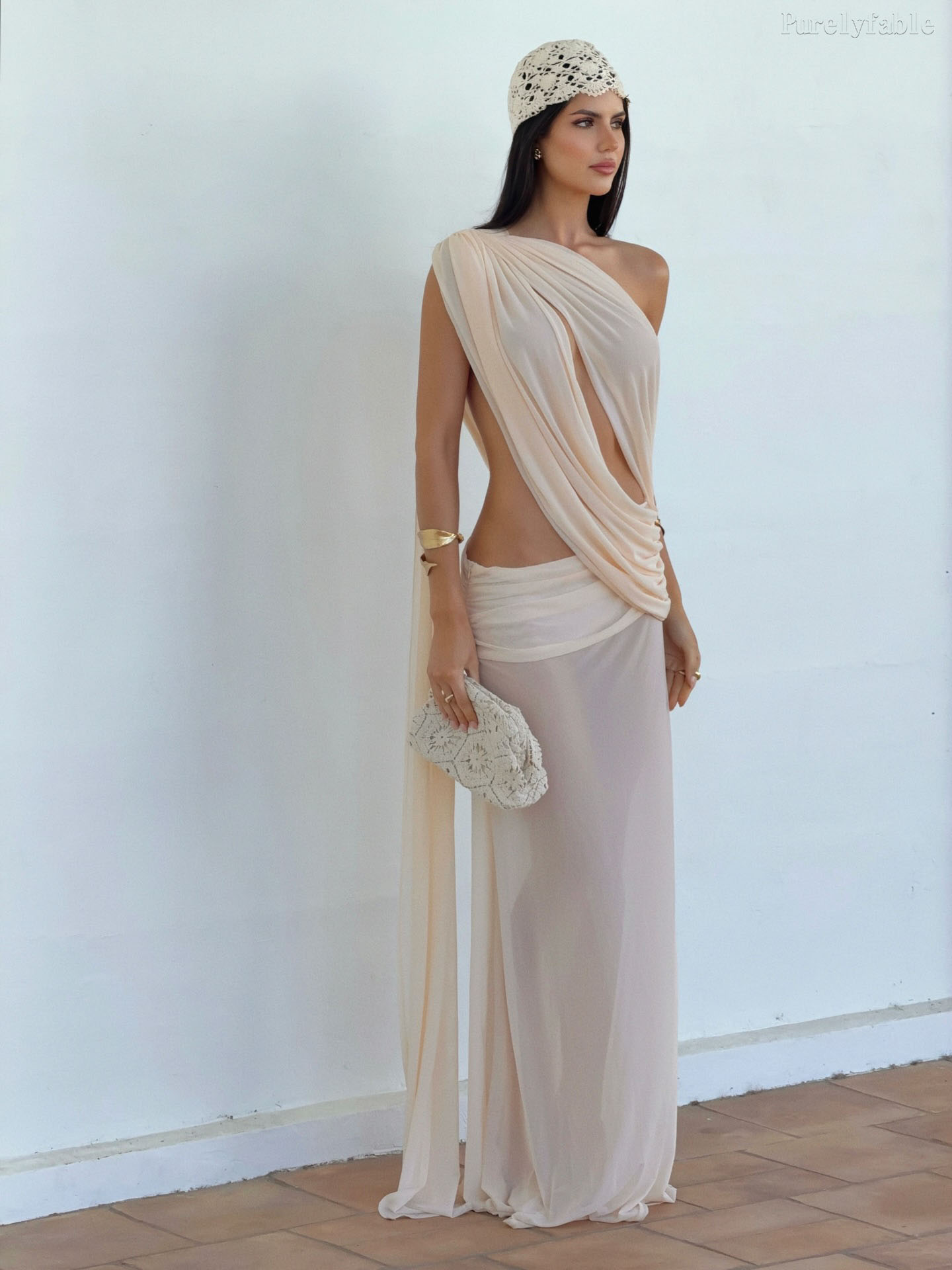 Eleanora Beige One-Shoulder Draped Long Dress