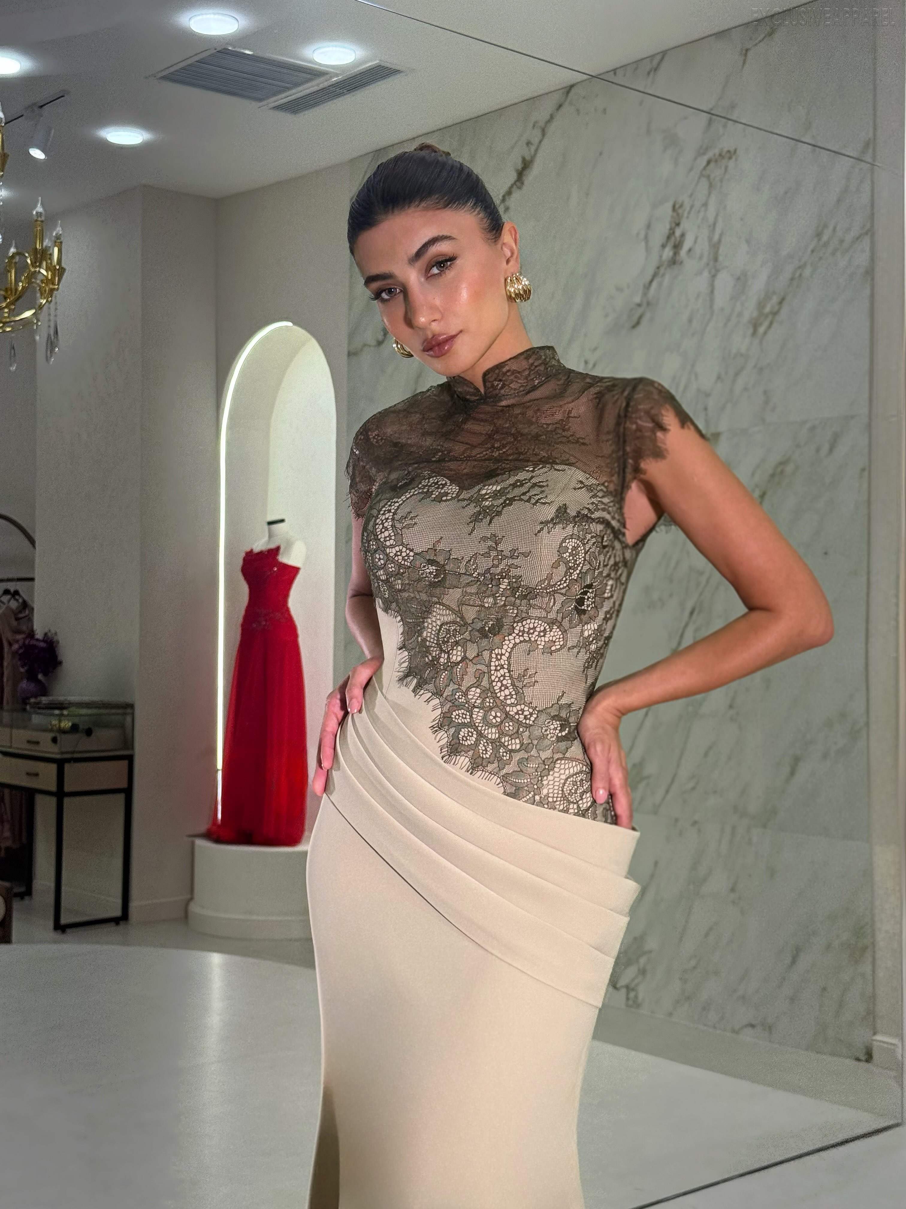 Emma Peach-Colored High-Necked Halter Dress