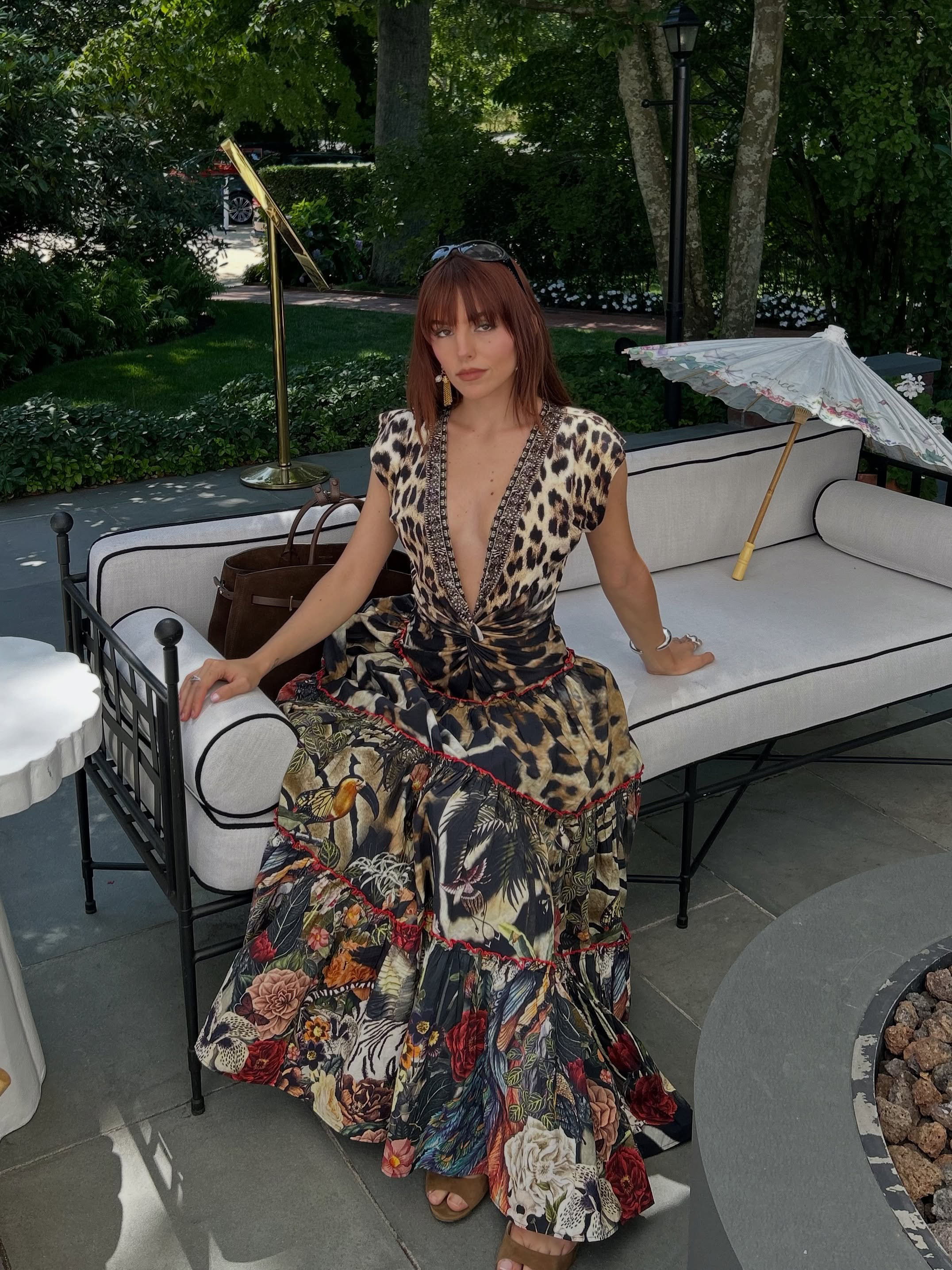 Lana Brown Deep V-Neck Layered Floor-Length Dress