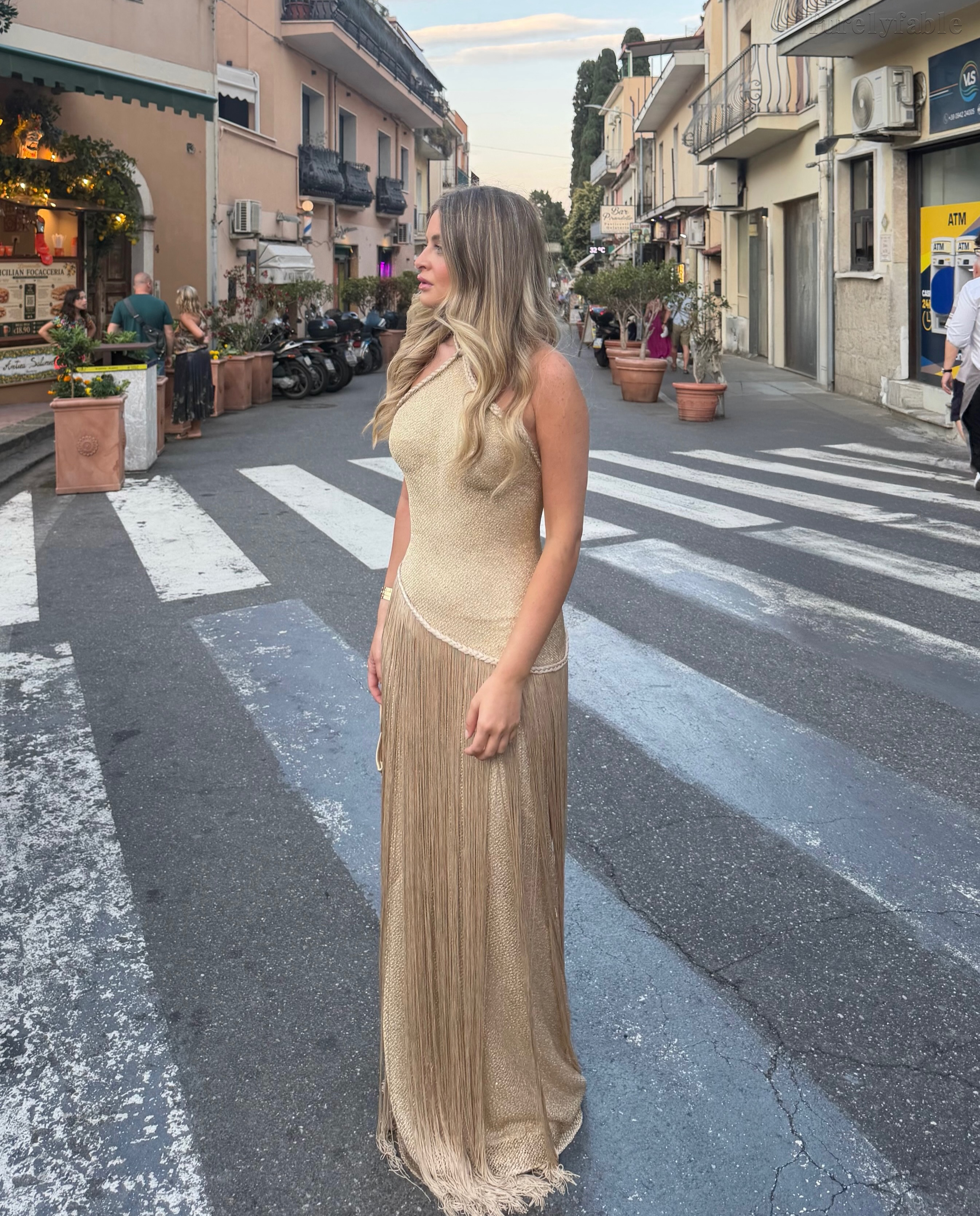 Arabella Golden One-Shoulder Pleated Long Dress