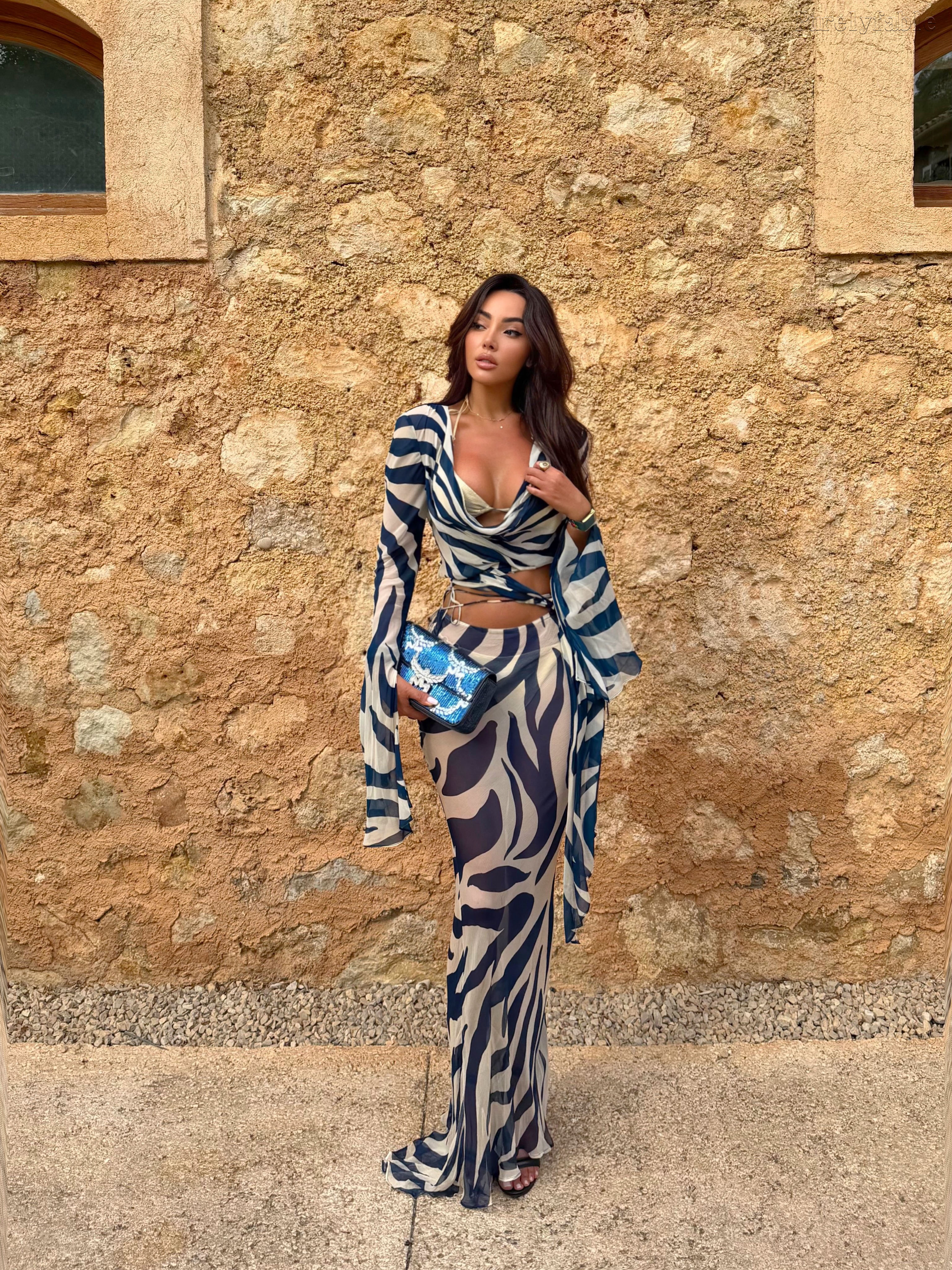 Calliope Dark Blue Zebra-print Deep V-neck Dress