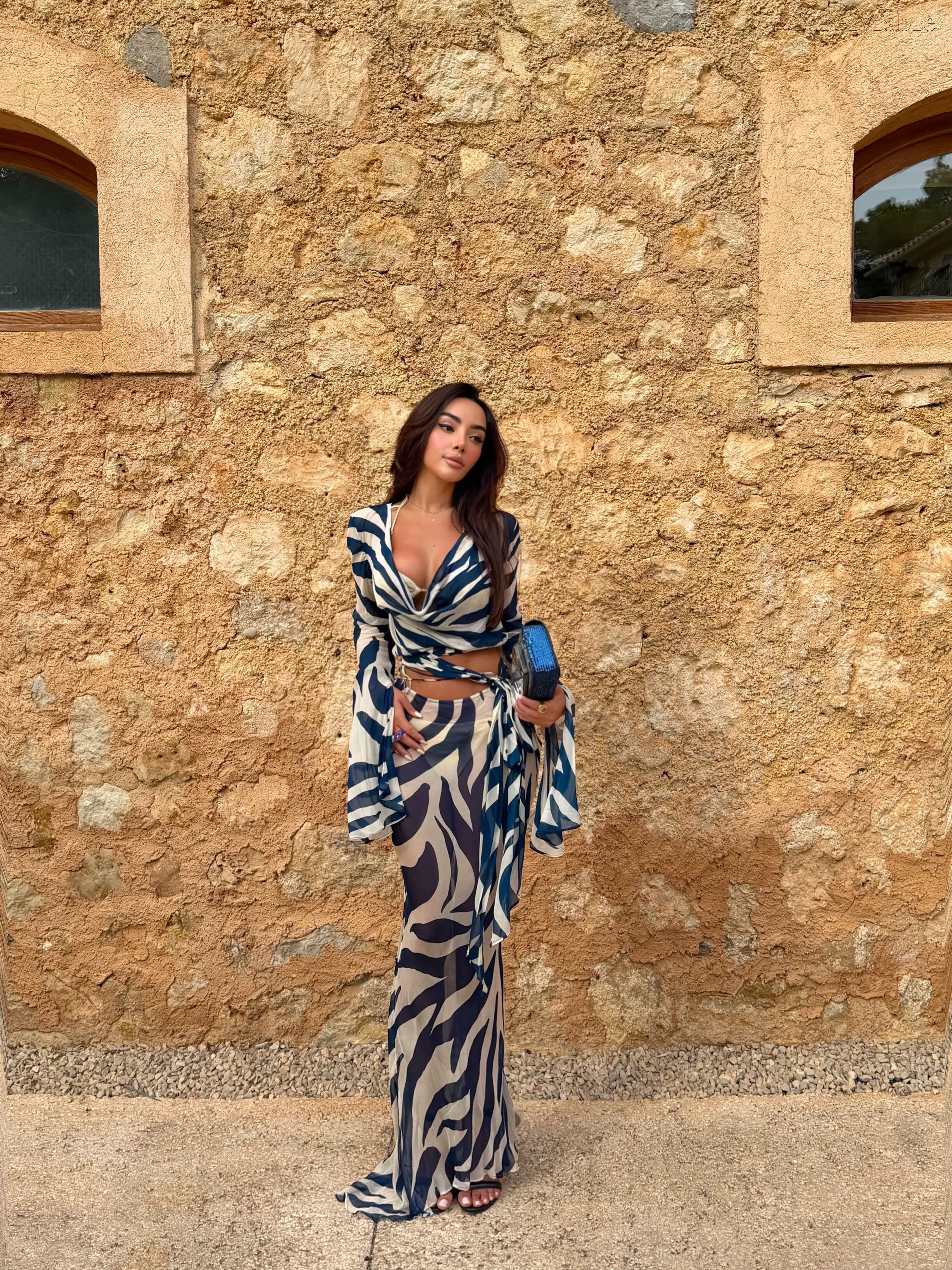 Calliope Dark Blue Zebra-print Deep V-neck Dress