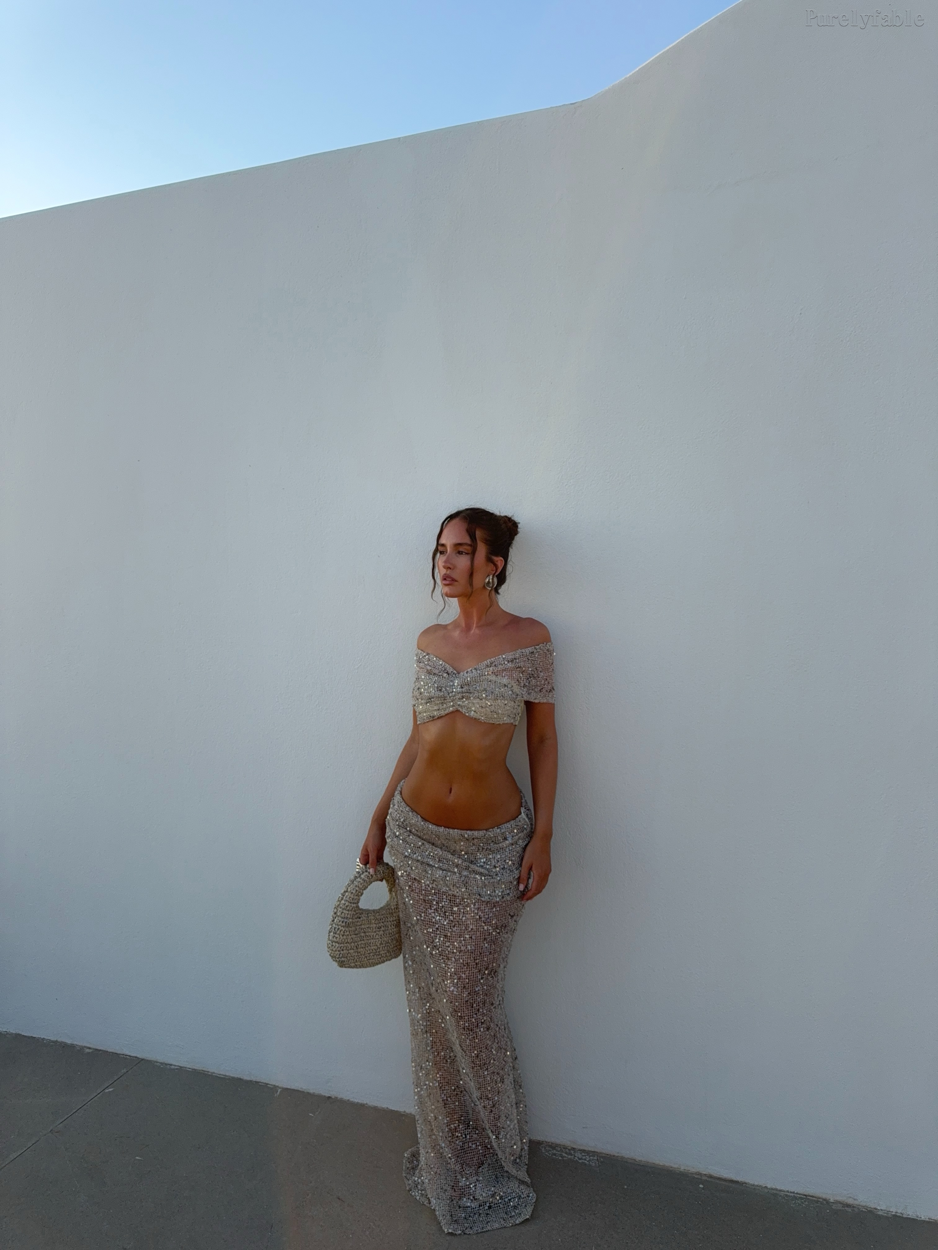 Ravenna Silver Off-the-Shoulder Mesh Dress Set