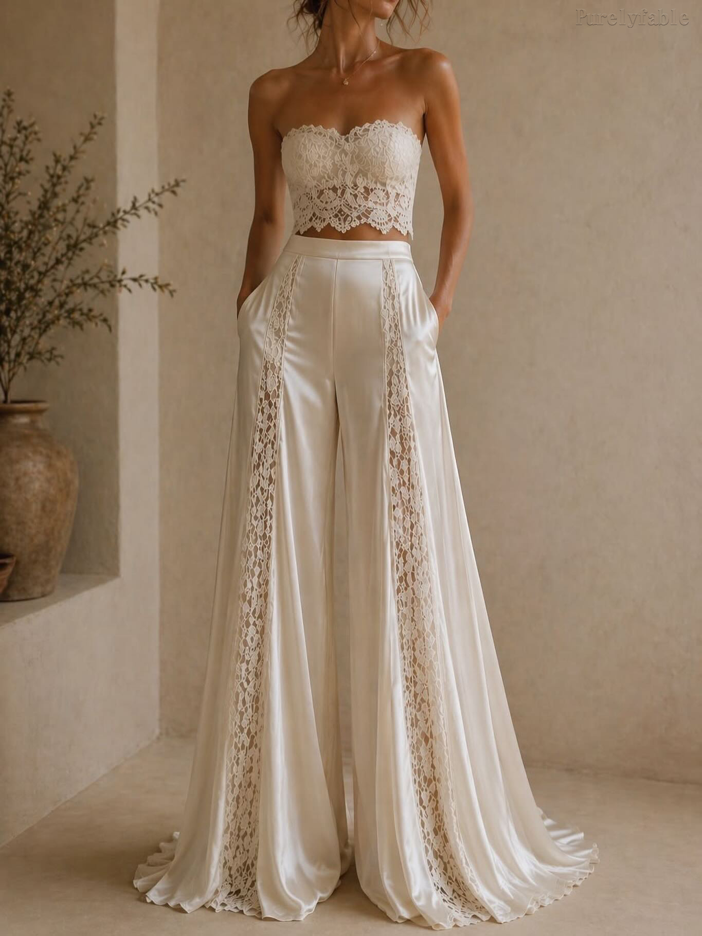 Valeria White Lace Bralette and Wide-Leg Pants Set