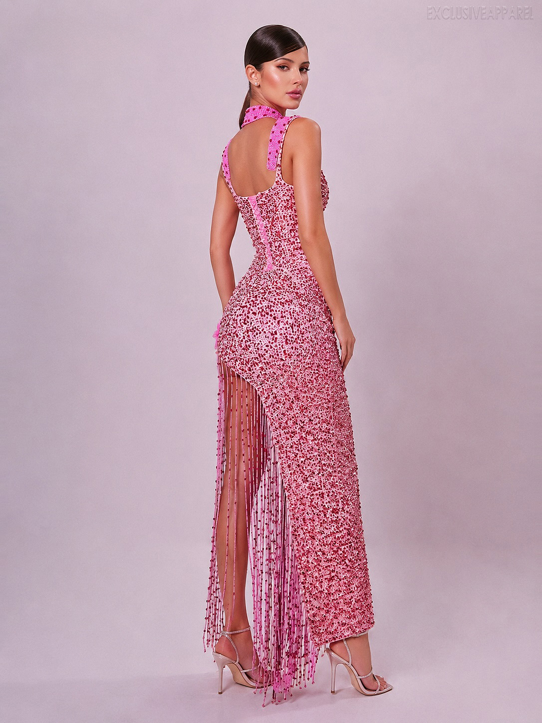 Penelope Pink Thin Shoulder Strap Fringed Slit Long Dress