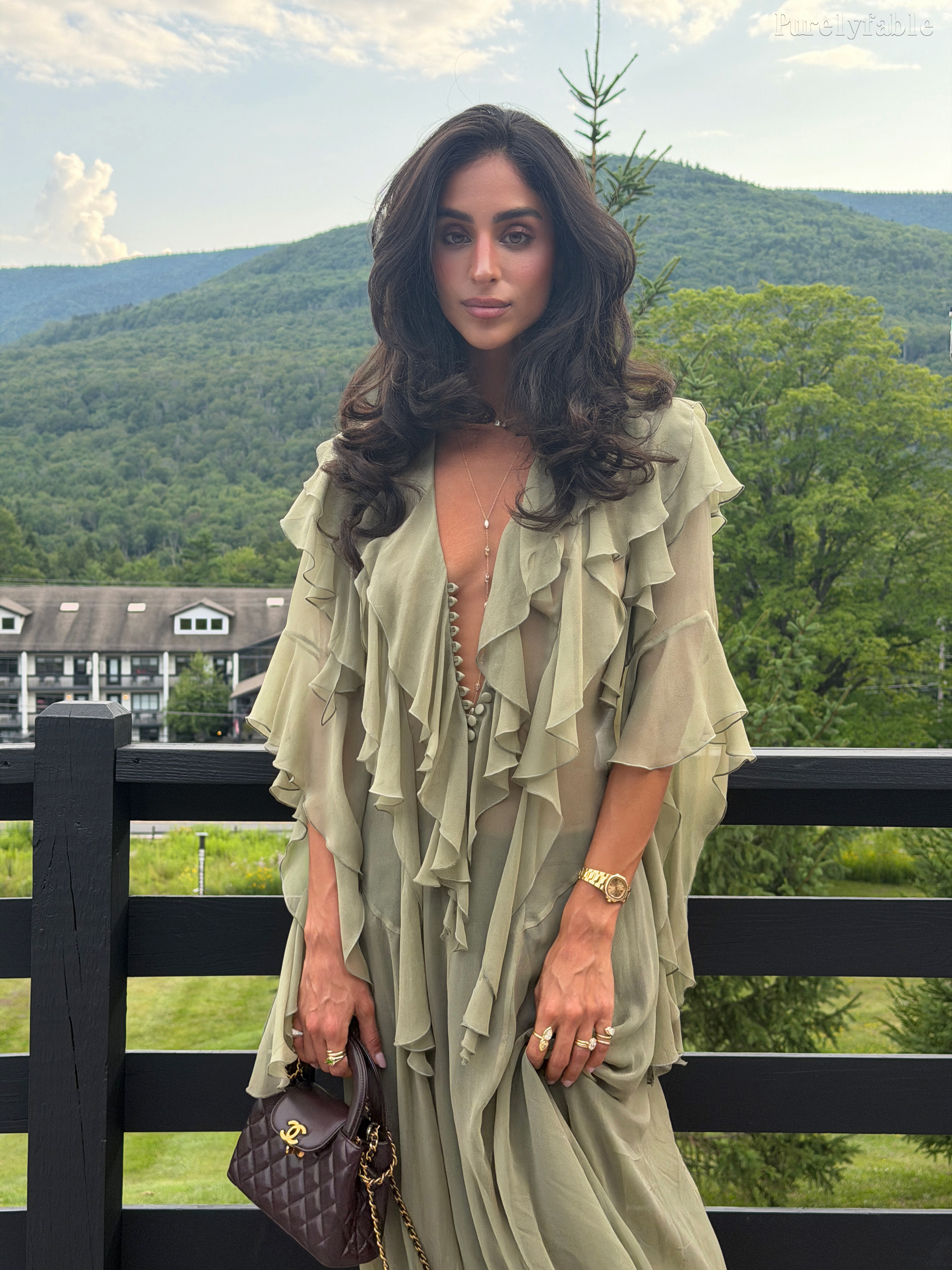 Julieta Green V-necked Lace Edging Silk Dress