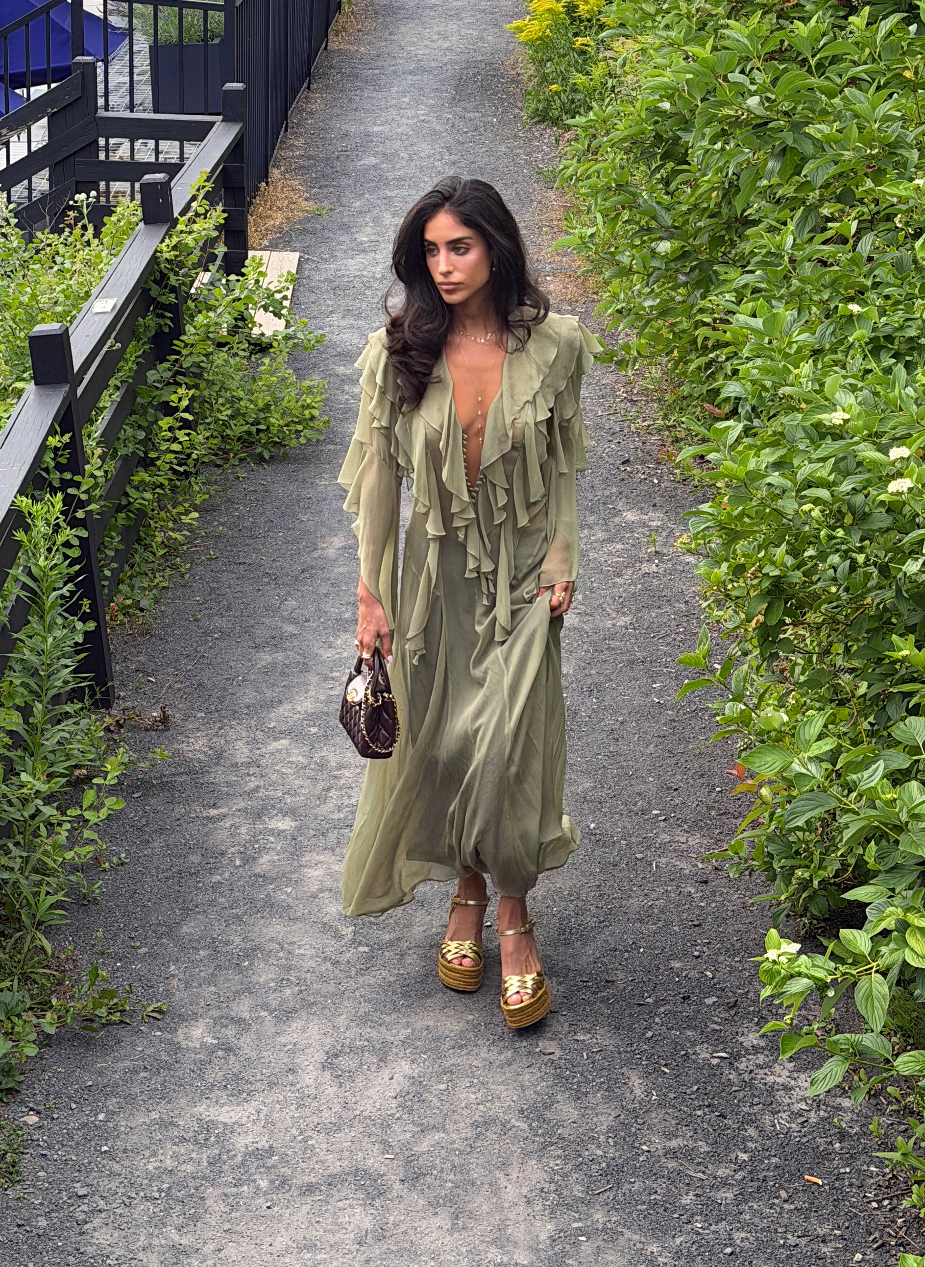 Julieta Green V-necked Lace Edging Silk Dress