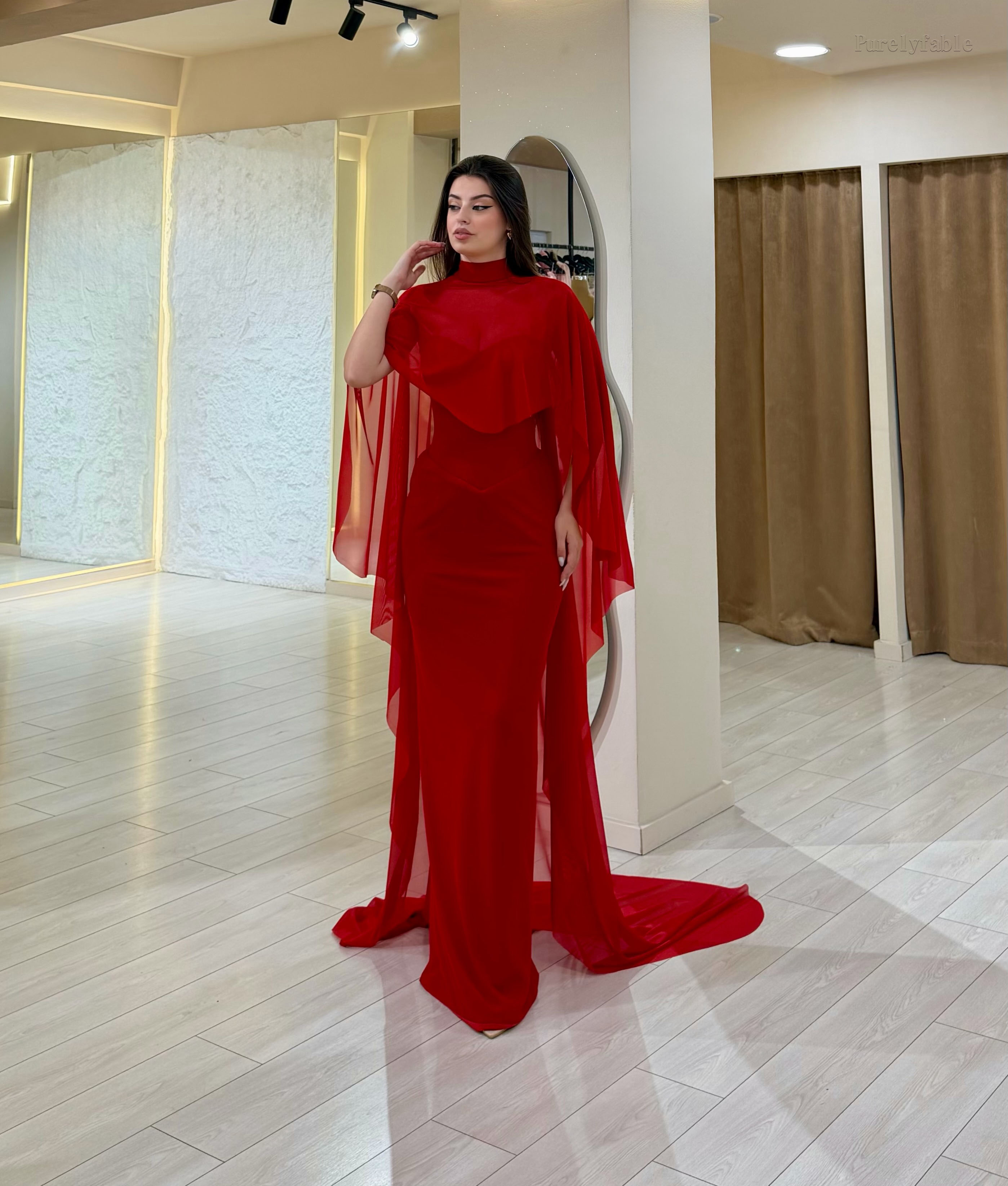 Bellamy Red High-Neck Shawl Evening Gown