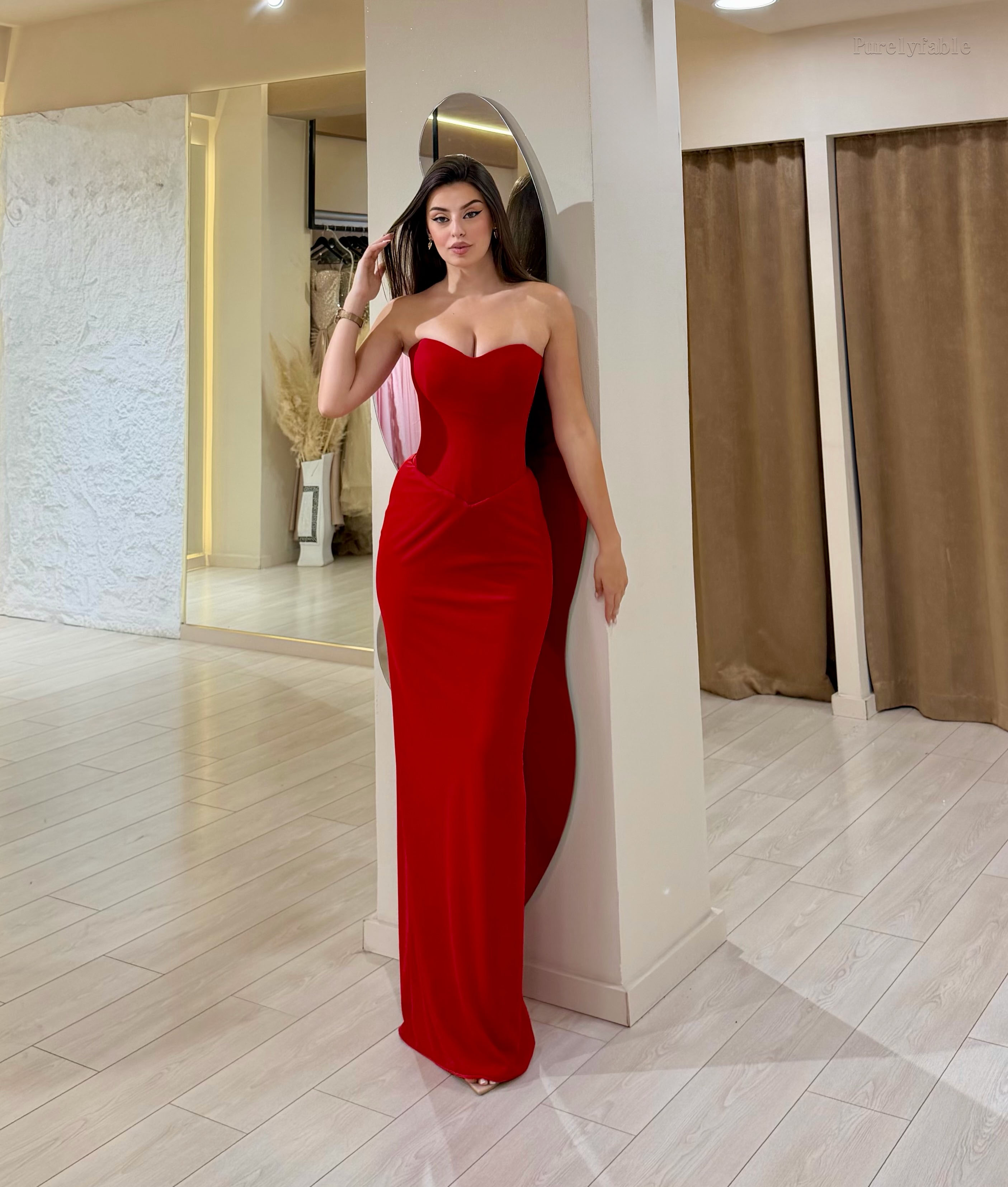 Bellamy Red High-Neck Shawl Evening Gown