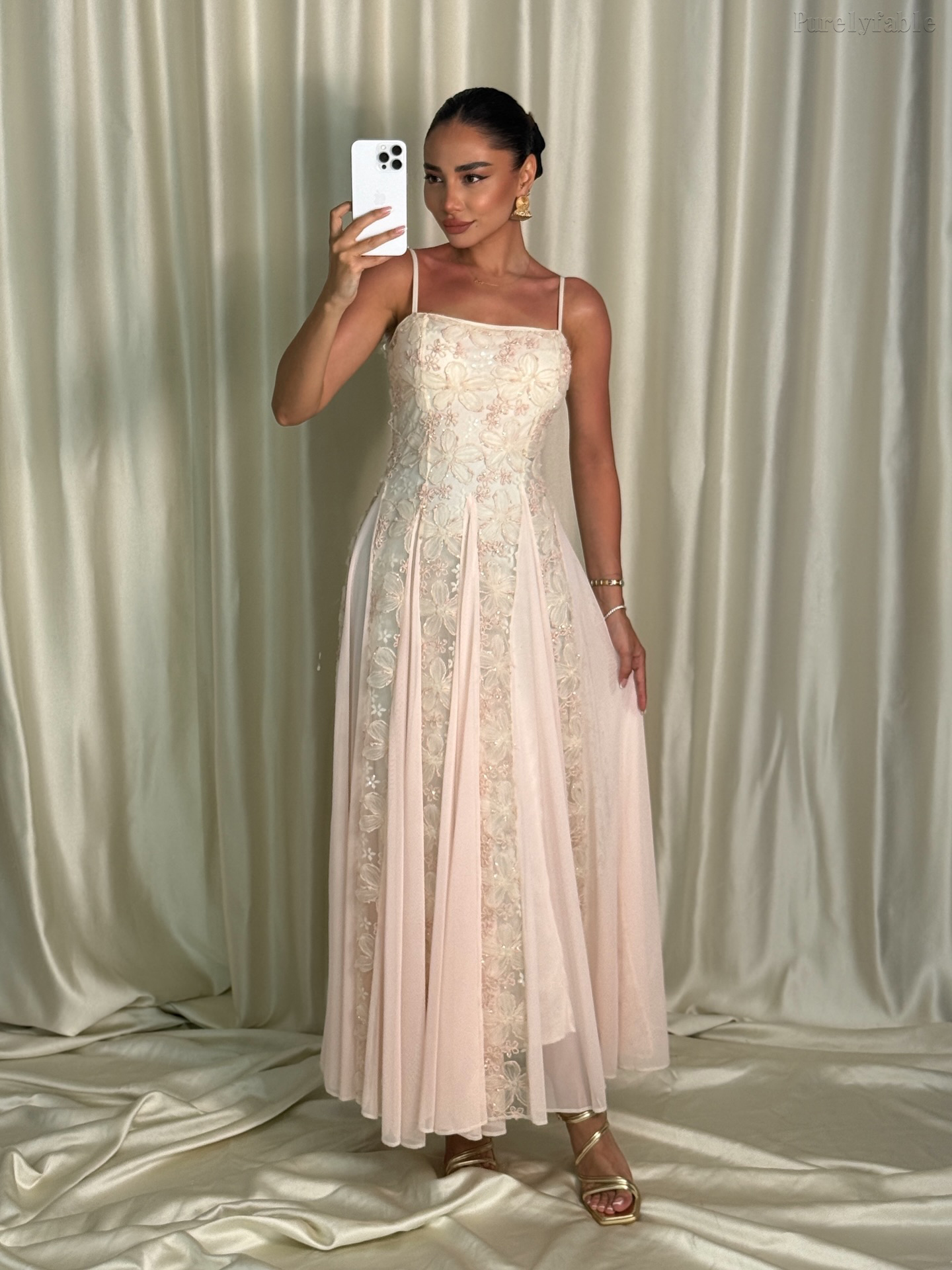 Jocelyn Pink Striped Lace Dress with Thin Shoulder Straps