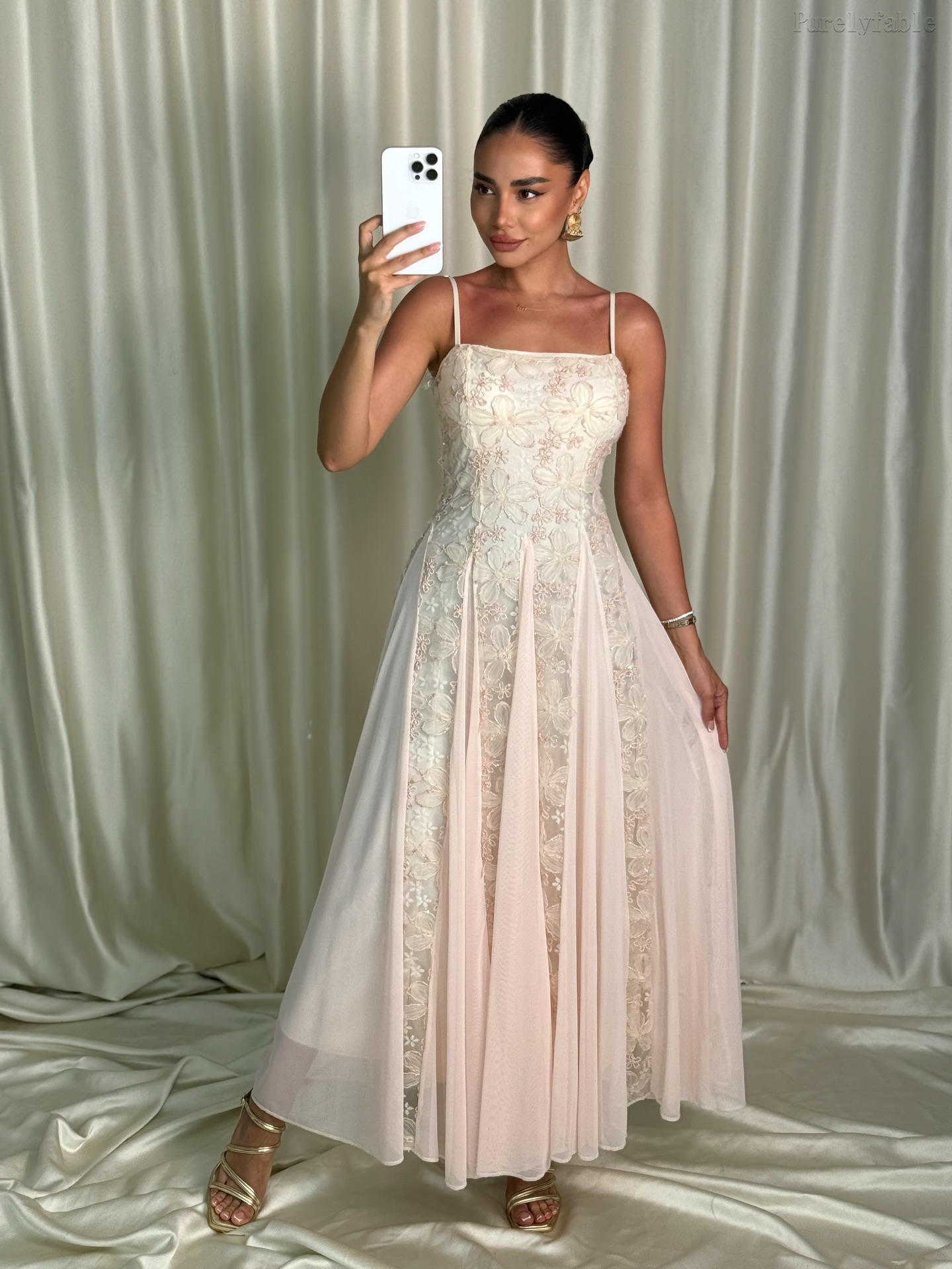 Jocelyn Pink Striped Lace Dress with Thin Shoulder Straps