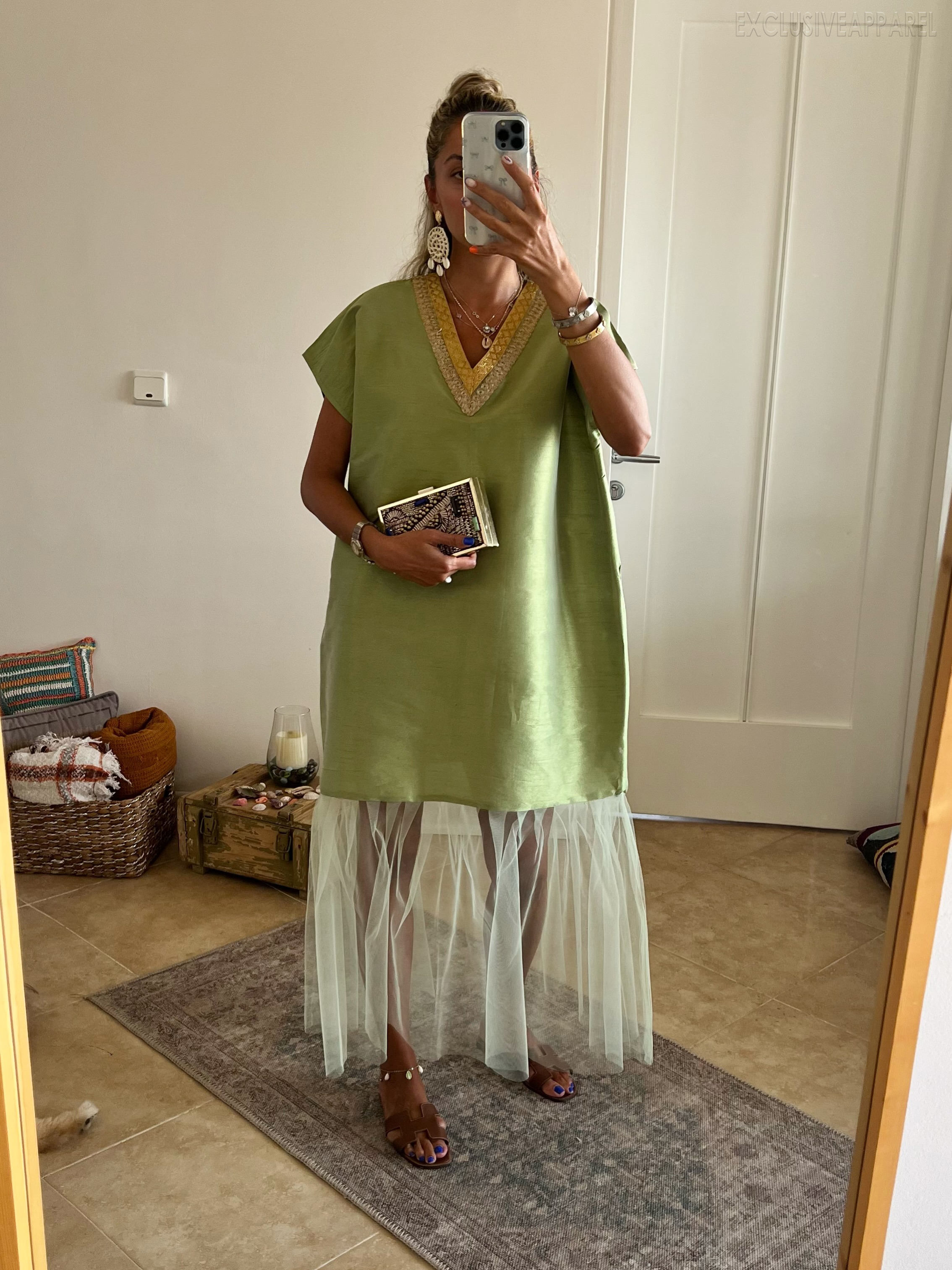 Lila Green V-neck Netted Midi Dress with Flared Bottom