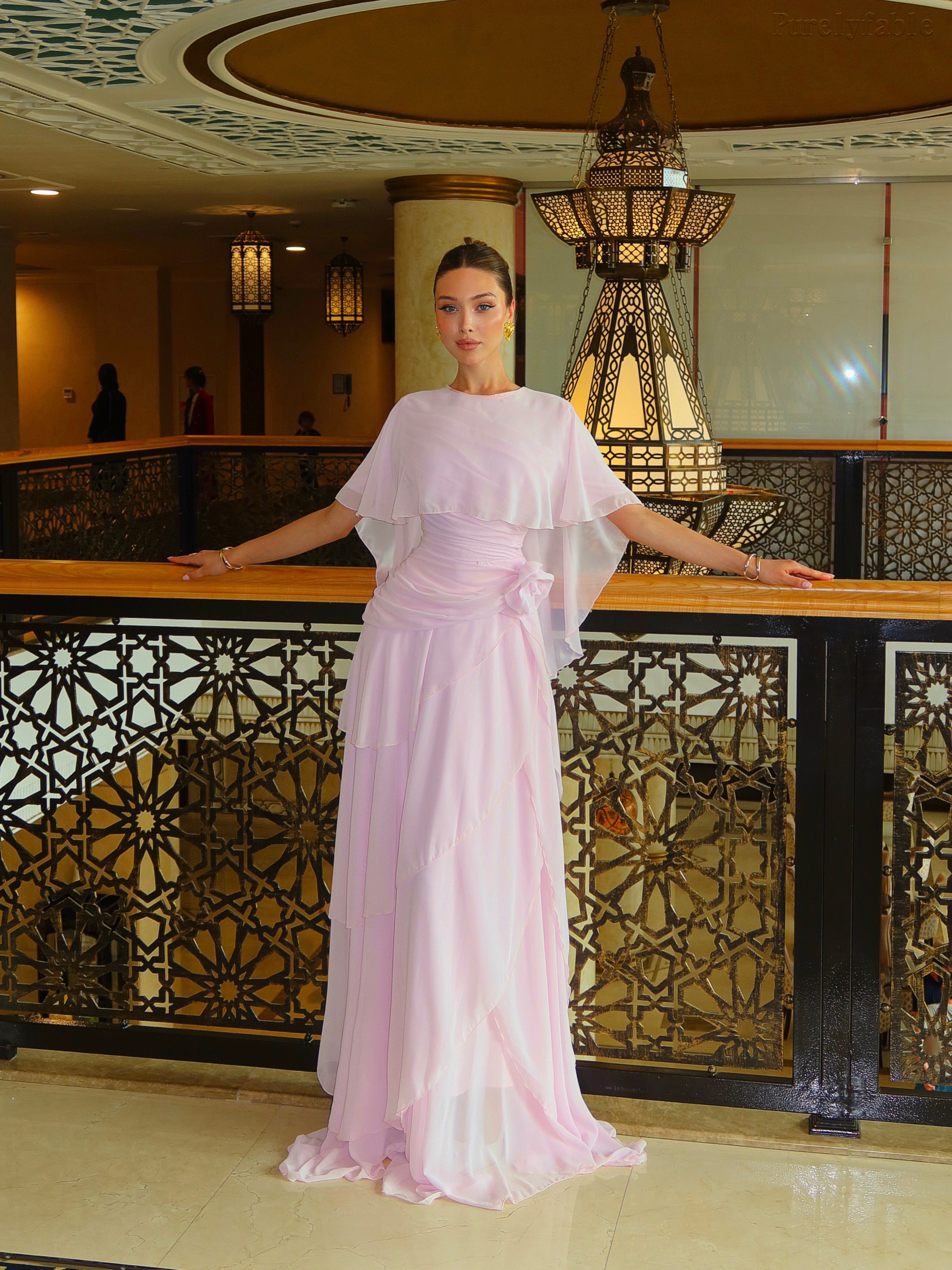 Natasha Pink Shawl-Sleeved Floor-Length Dress