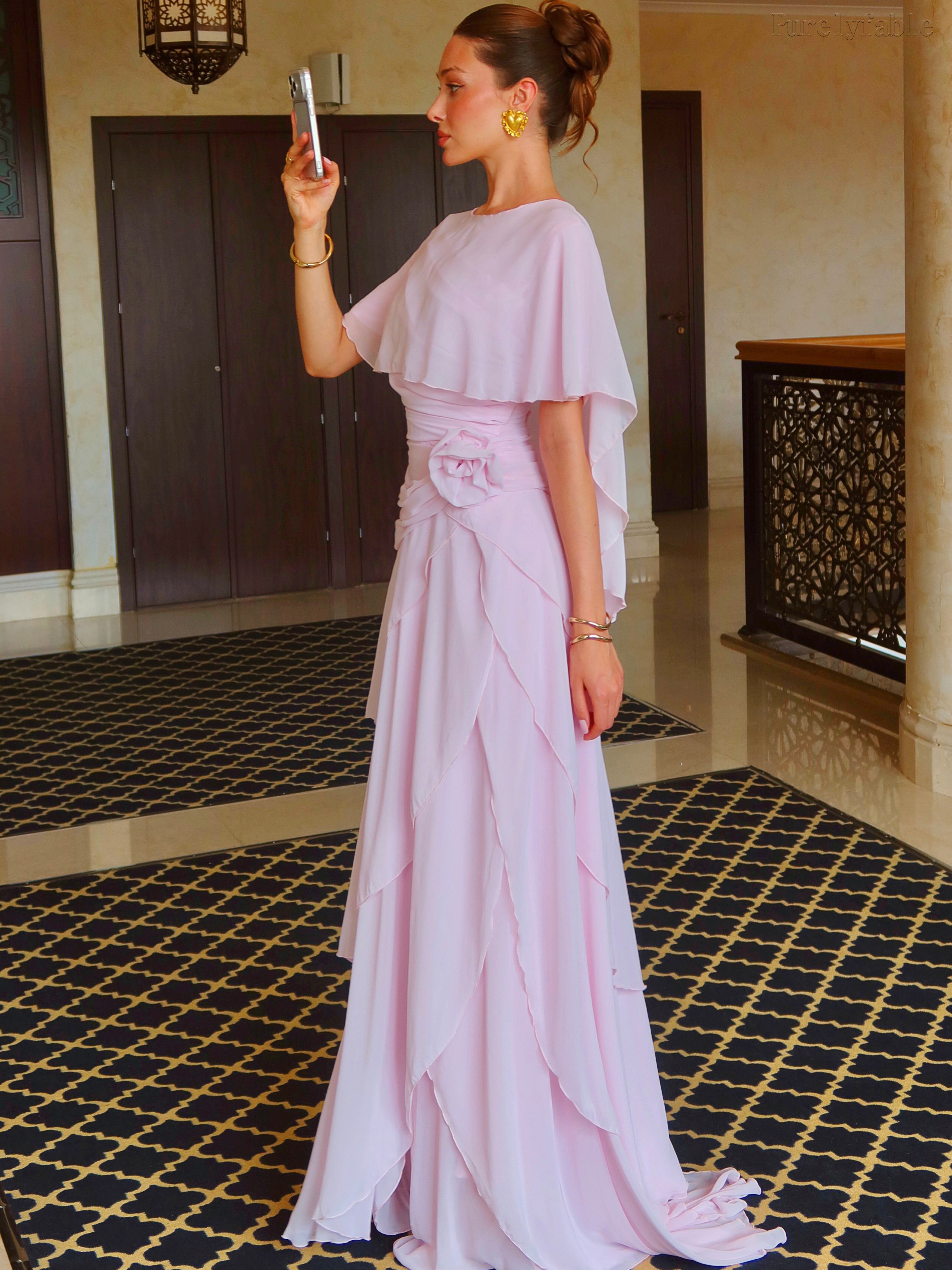Natasha Pink Shawl-Sleeved Floor-Length Dress