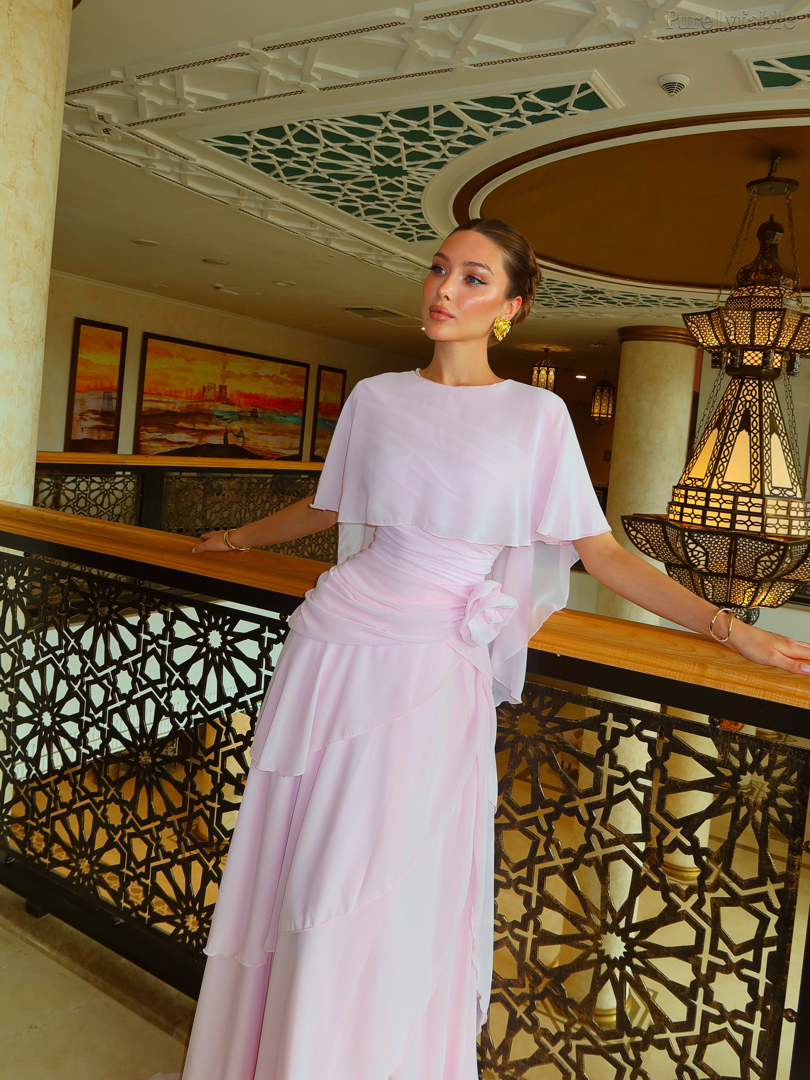 Natasha Pink Shawl-Sleeved Floor-Length Dress