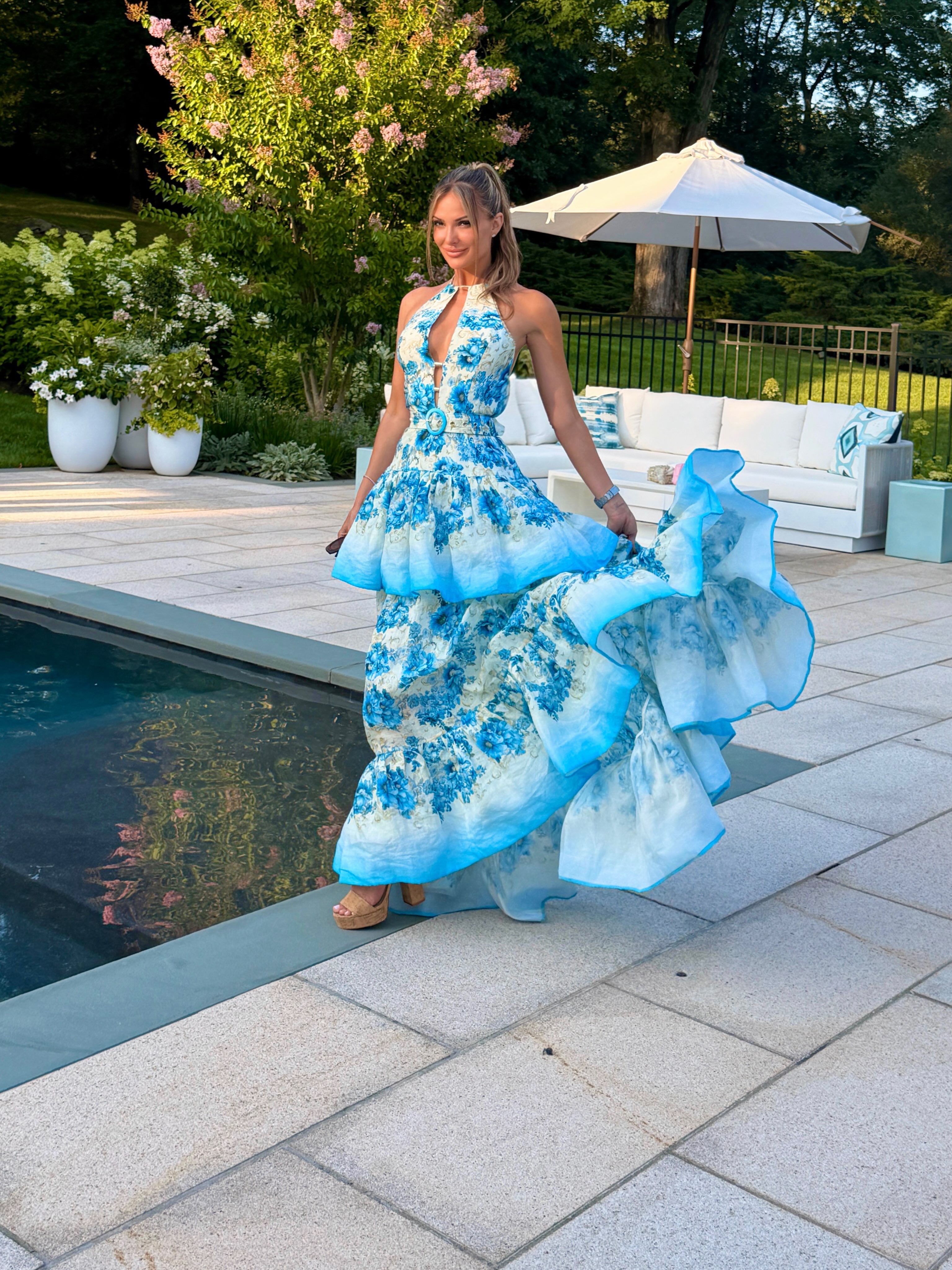 Amira Blue Ruffled Neckline Long Dress