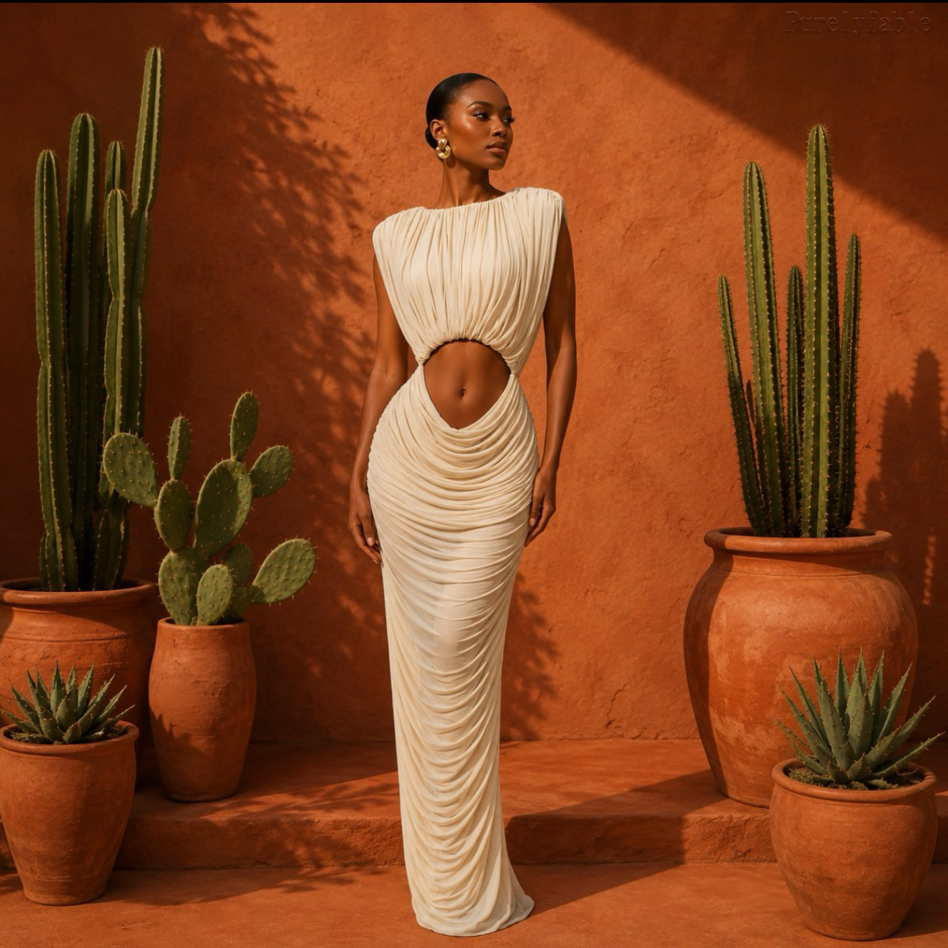 Noelia Beige Hollow-Out Sleeveless Draped Dress