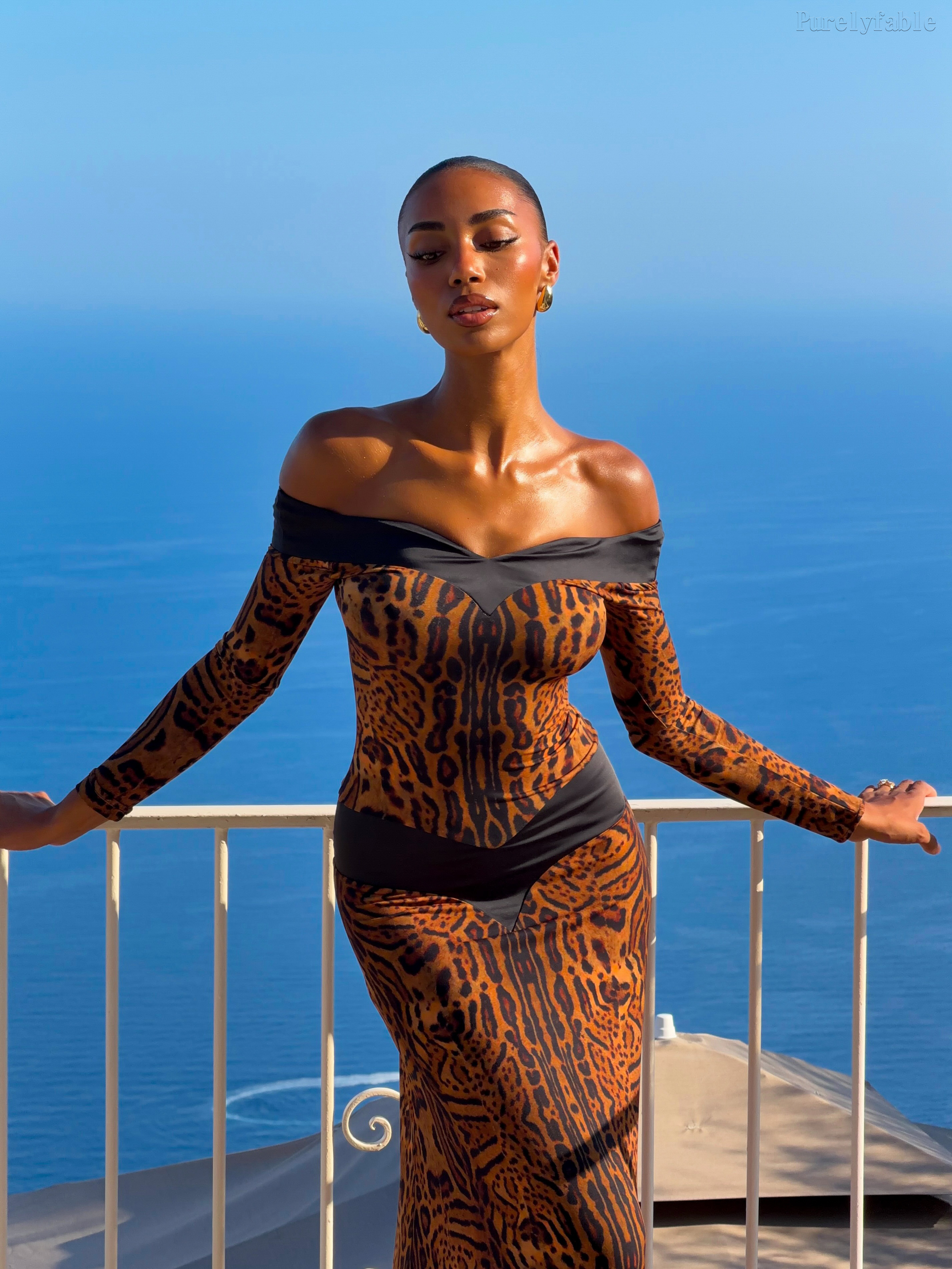 Paloma Brown Off-Shoulder Animal Print Long Dress