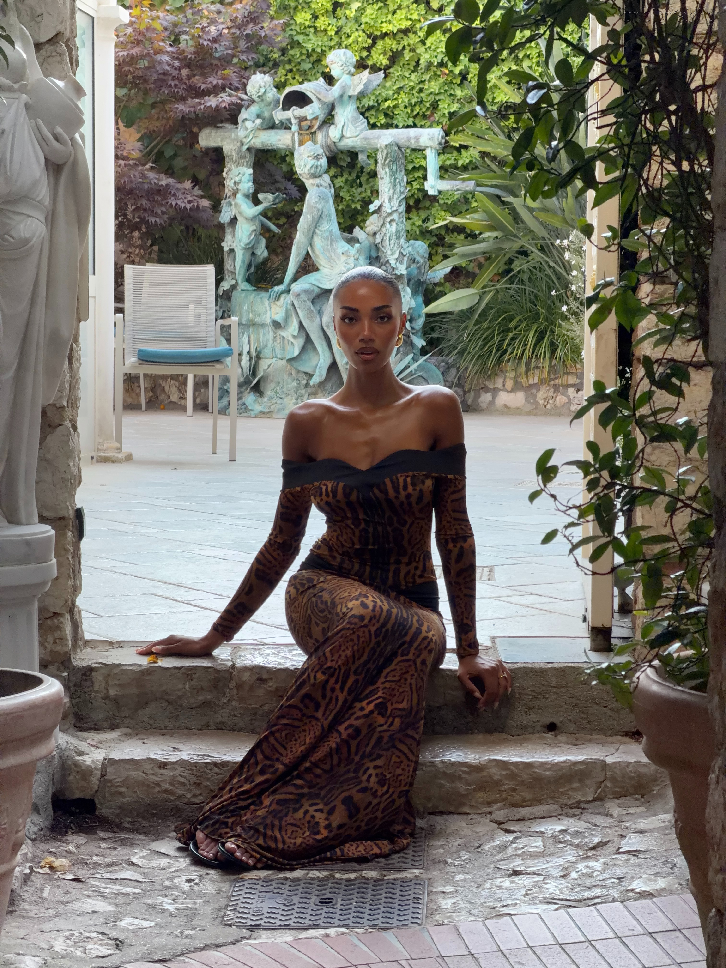 Paloma Brown Off-Shoulder Animal Print Long Dress