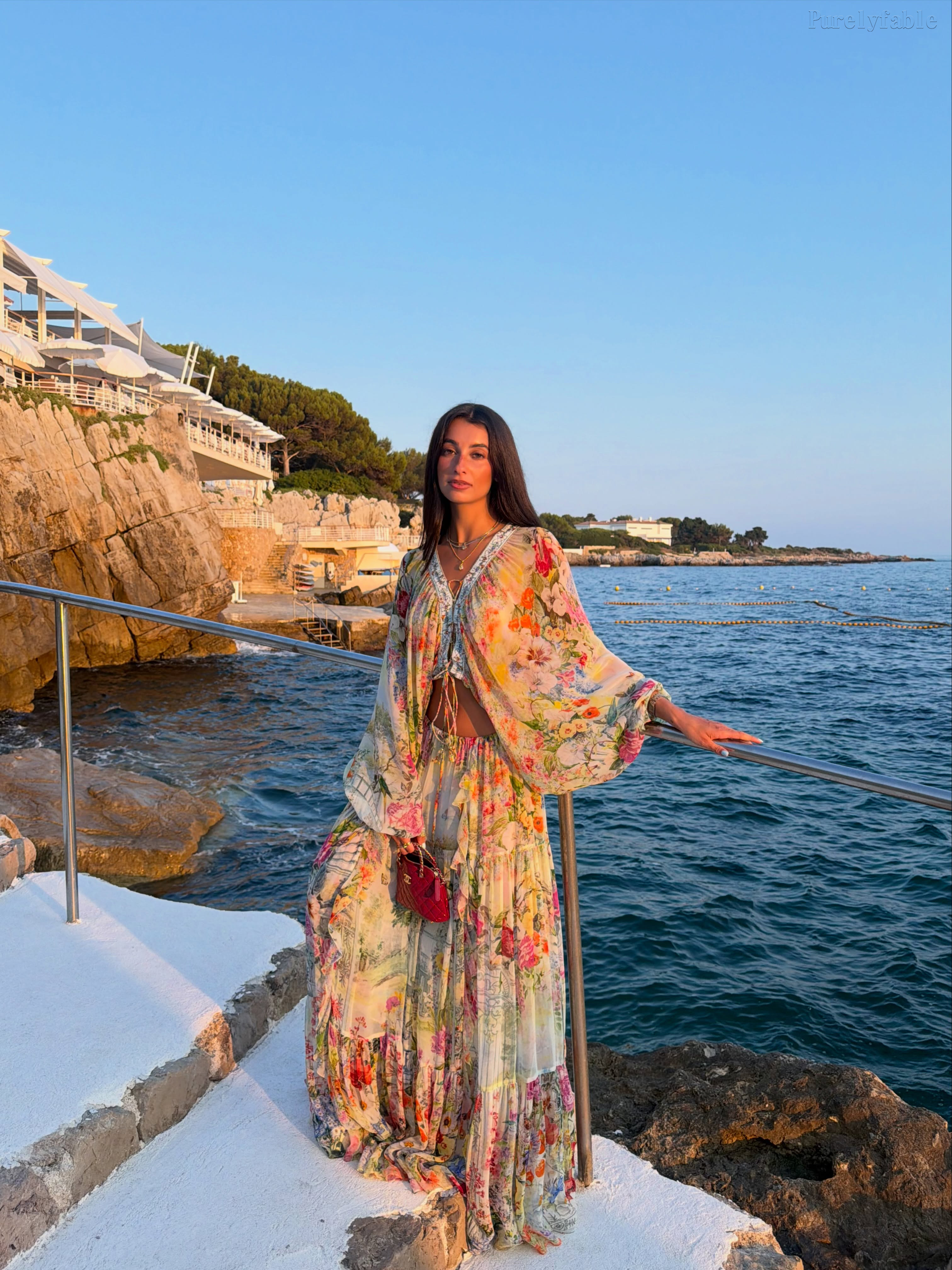 Delia Colorful V-neck Printed Silk Blouse Set