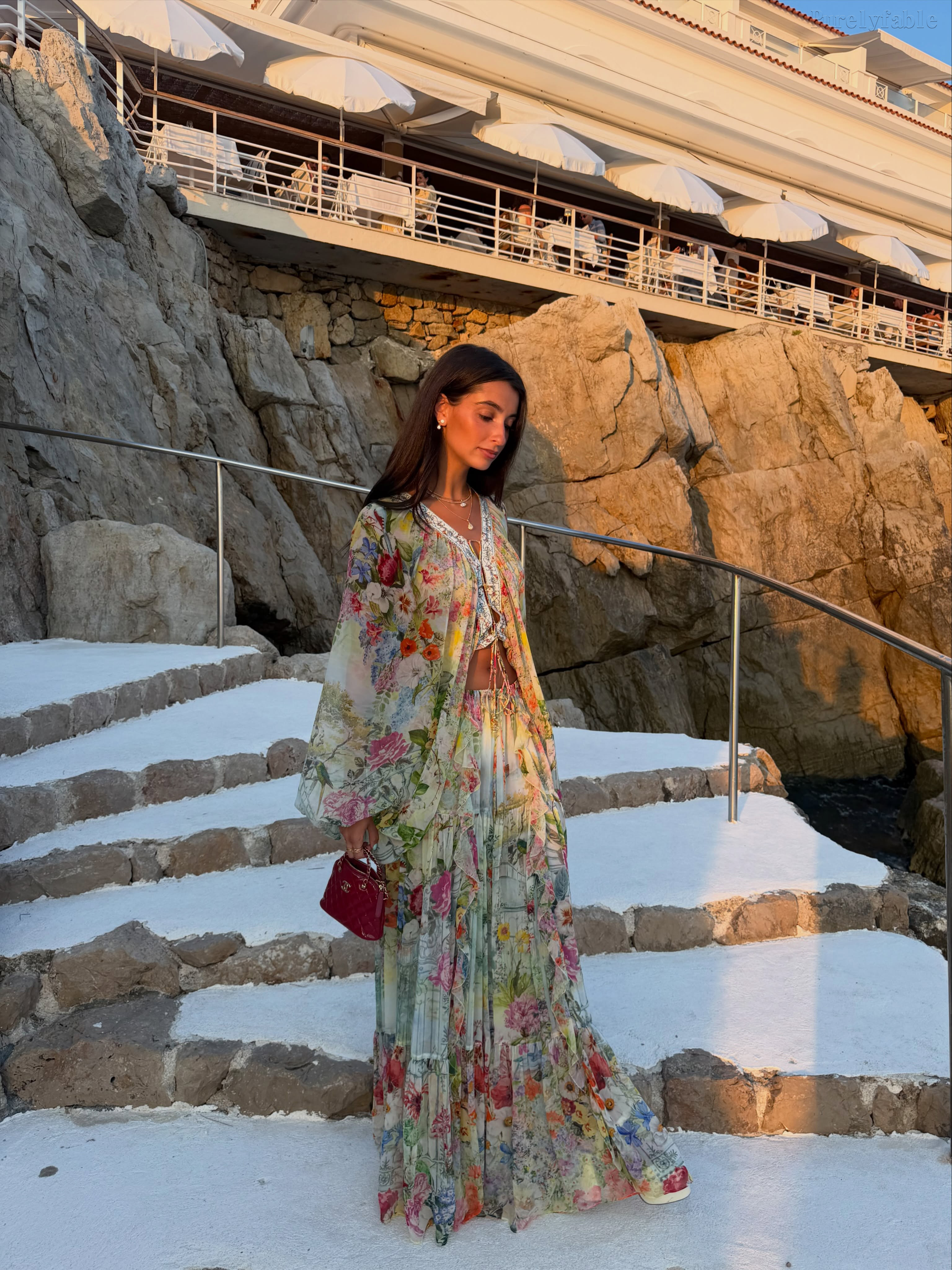 Delia Colorful V-neck Printed Silk Blouse Set