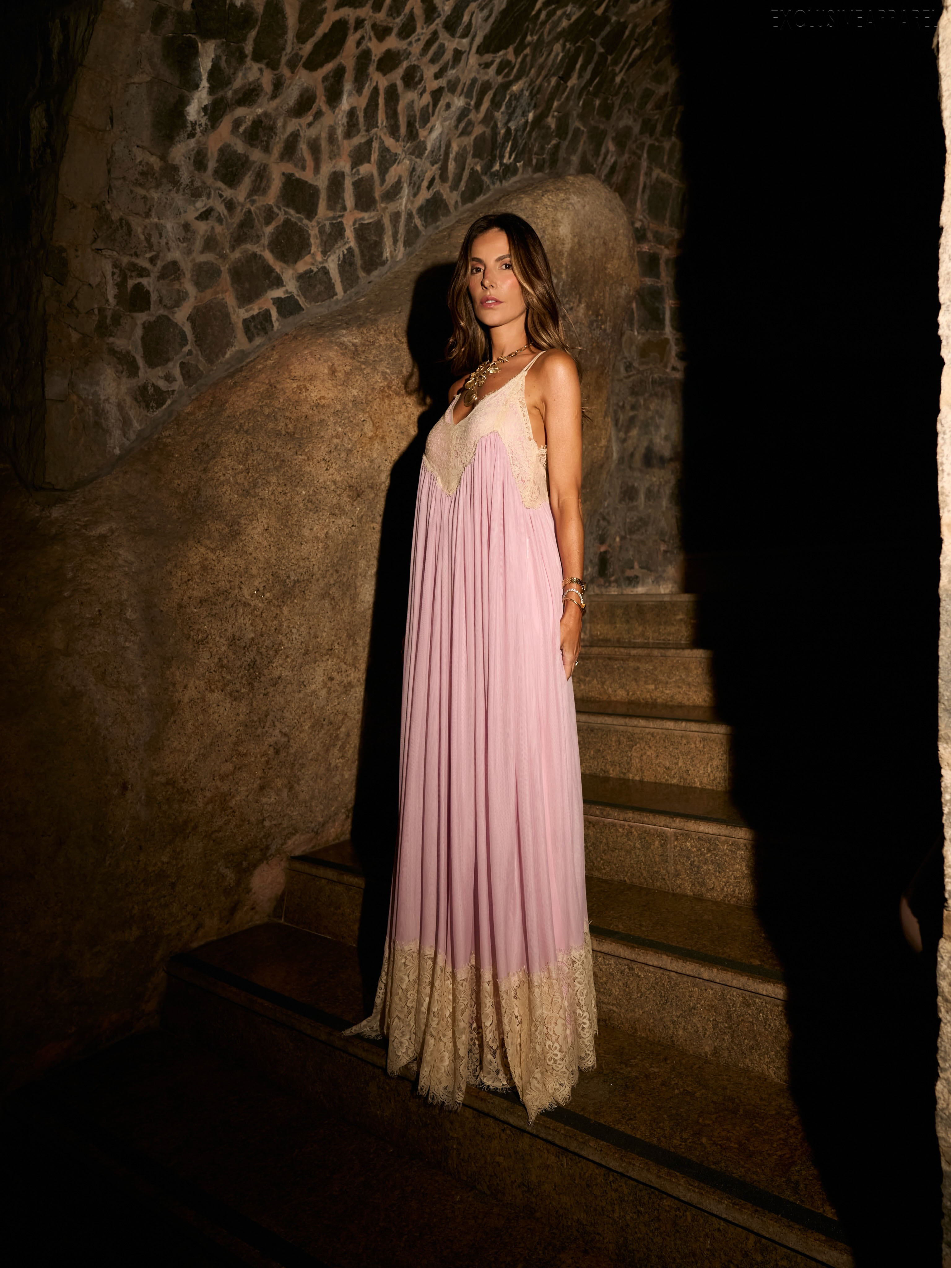 Elise Pink V-neck Sleeveless Long Dress with Shoulder Straps