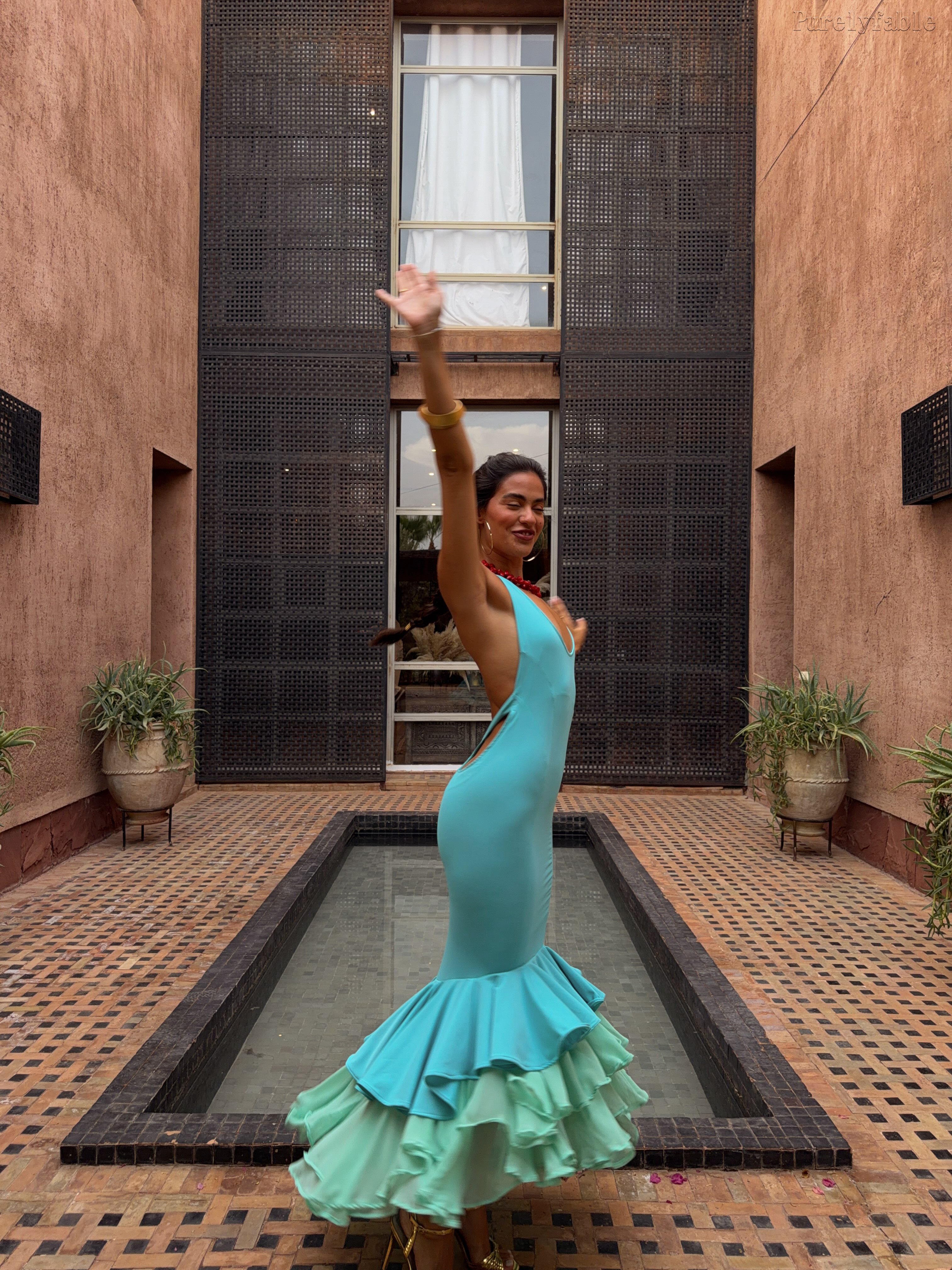 Inara Blue long U-Necked Fish-Tail Halter Dress
