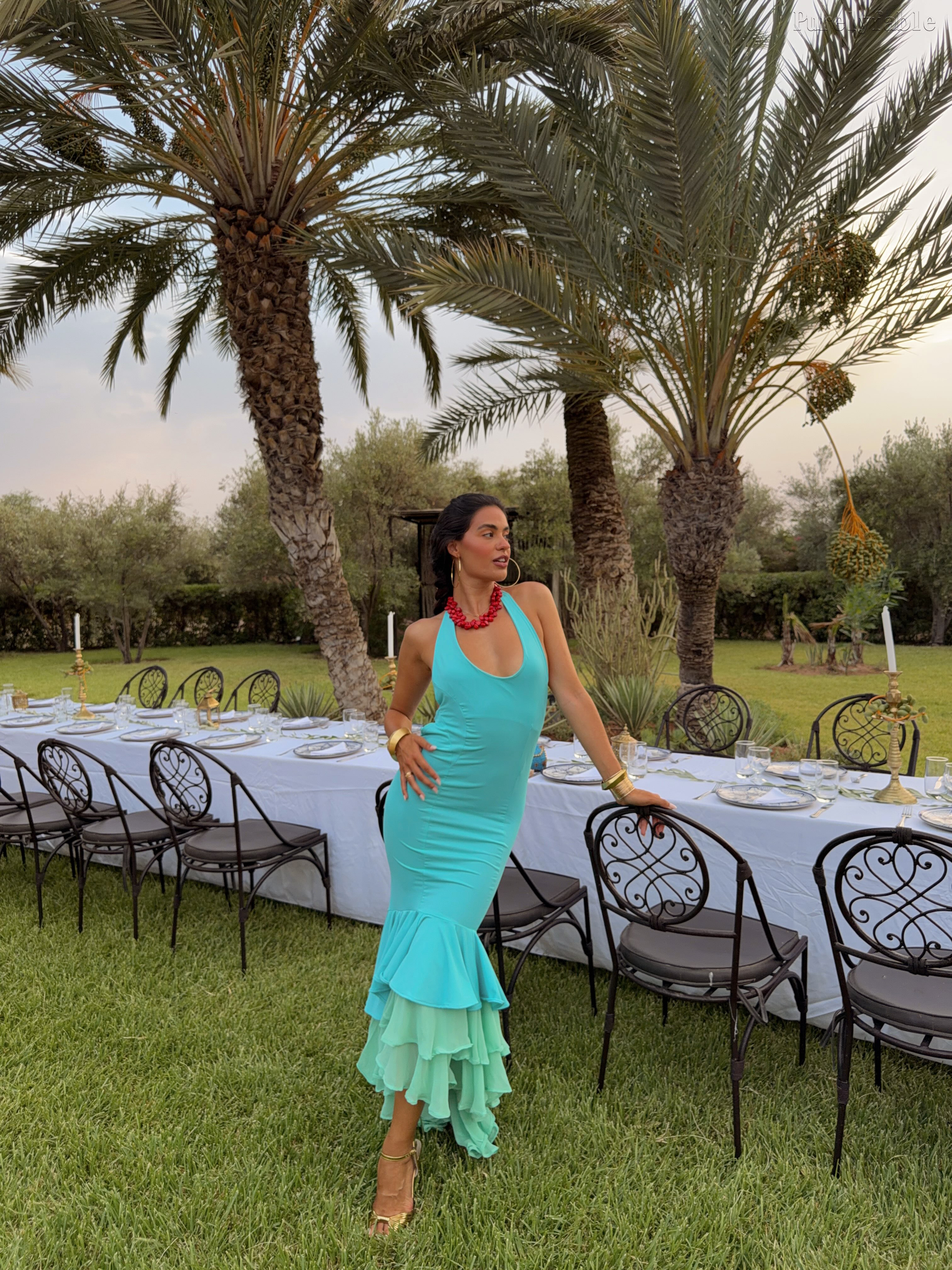Inara Blue long U-Necked Fish-Tail Halter Dress
