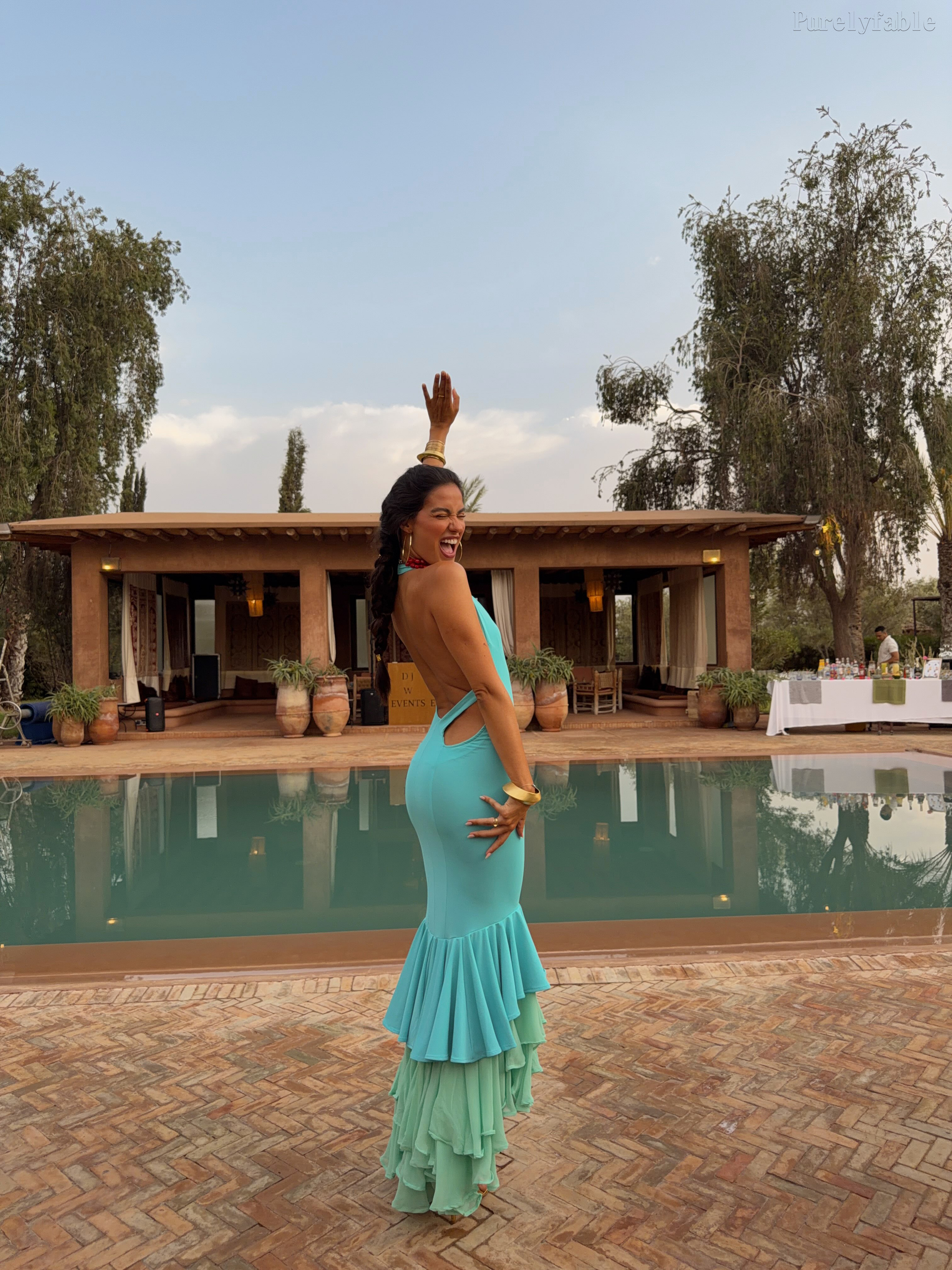 Inara Blue long U-Necked Fish-Tail Halter Dress