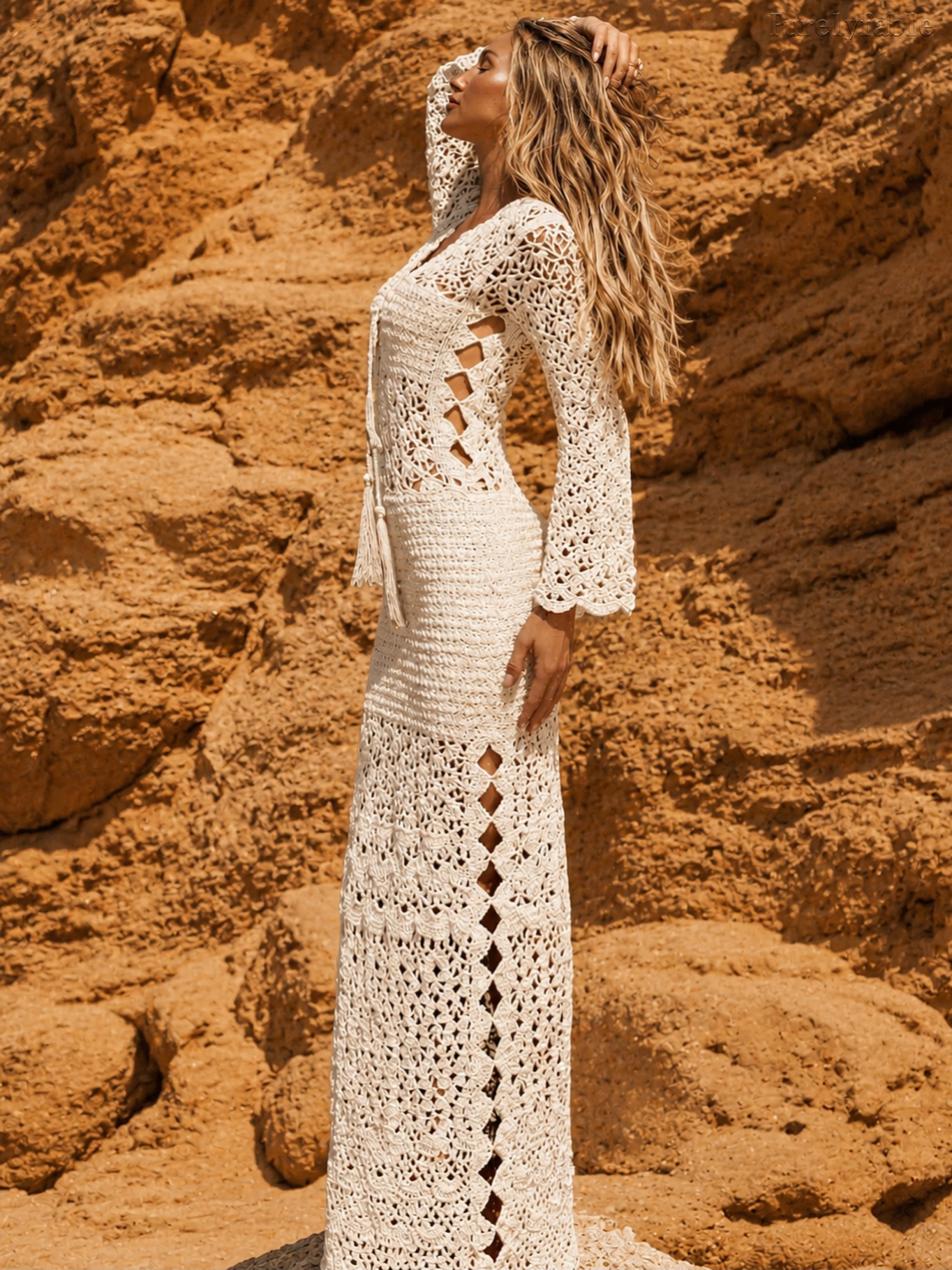 Seraphina White V-Neck Wide-Sleeved Crochet Long Dress