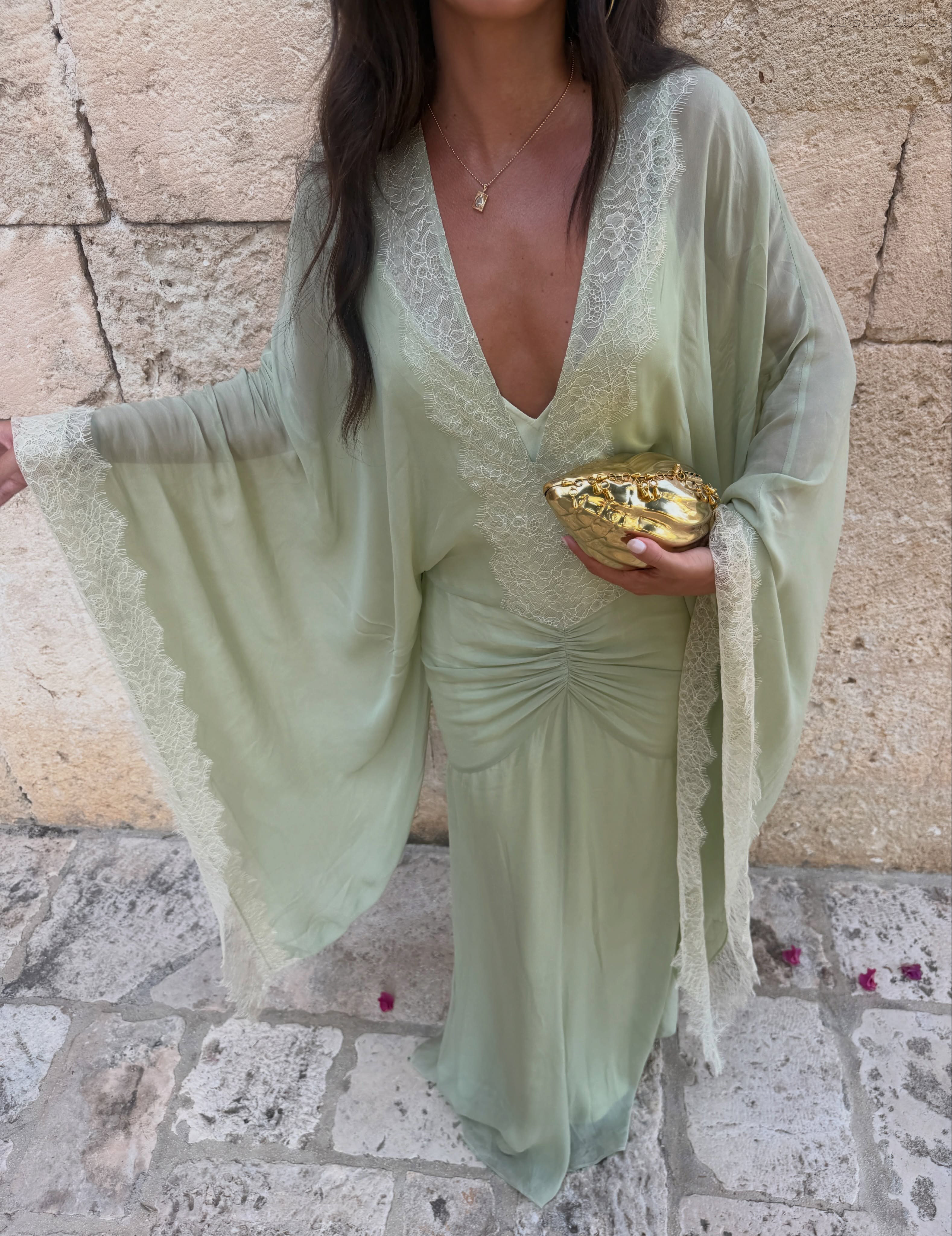 Giselle Green Lace and Kimono Sleeve Dress