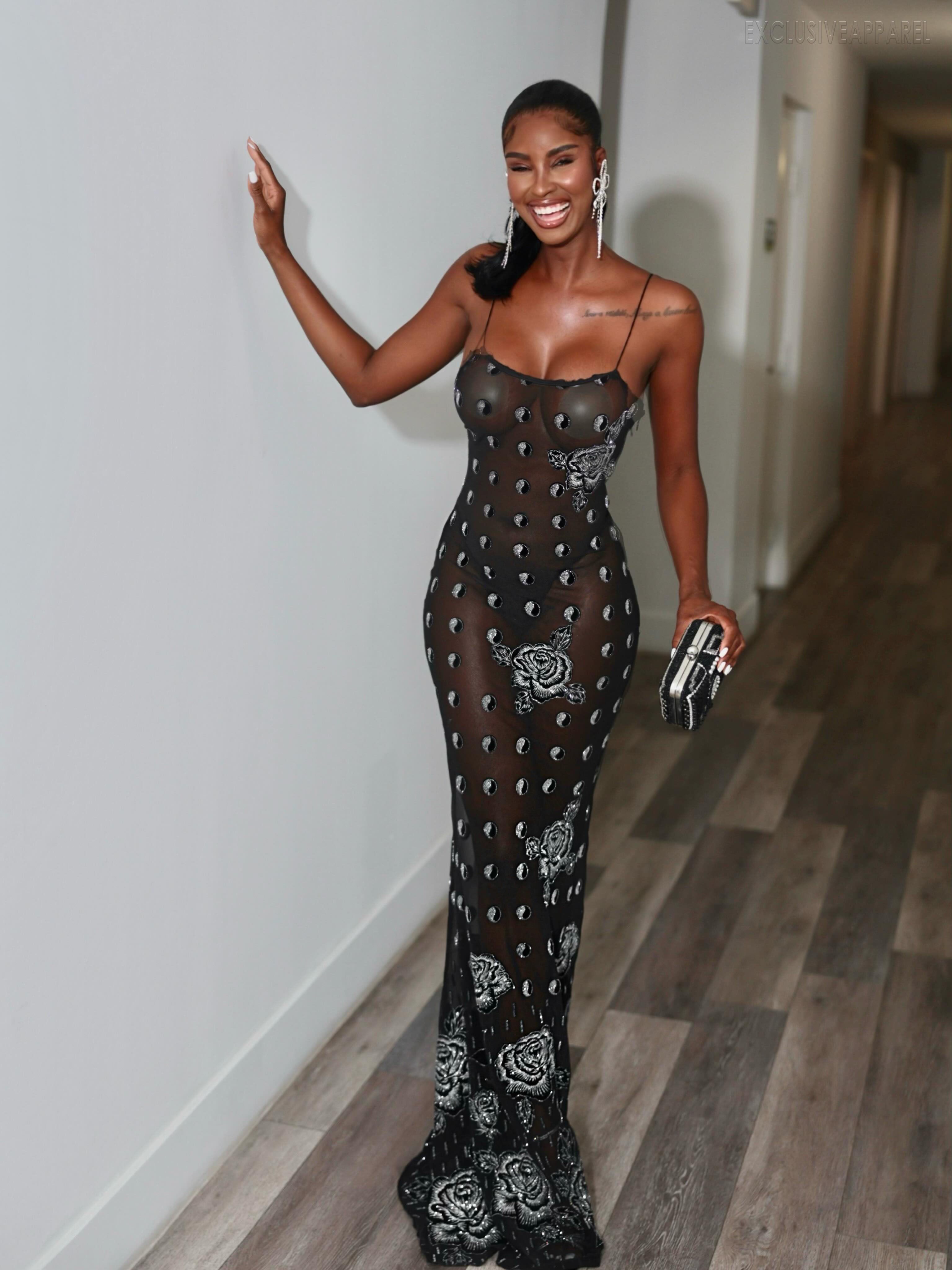Aurora Black Netted Thin Strap Long Dress