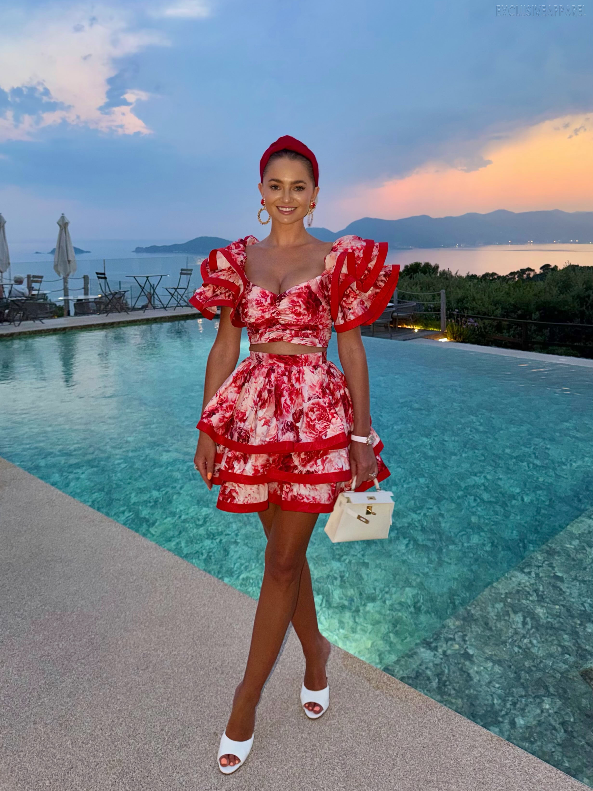 Elise Red Lotus Flower Floral Short Dress Set