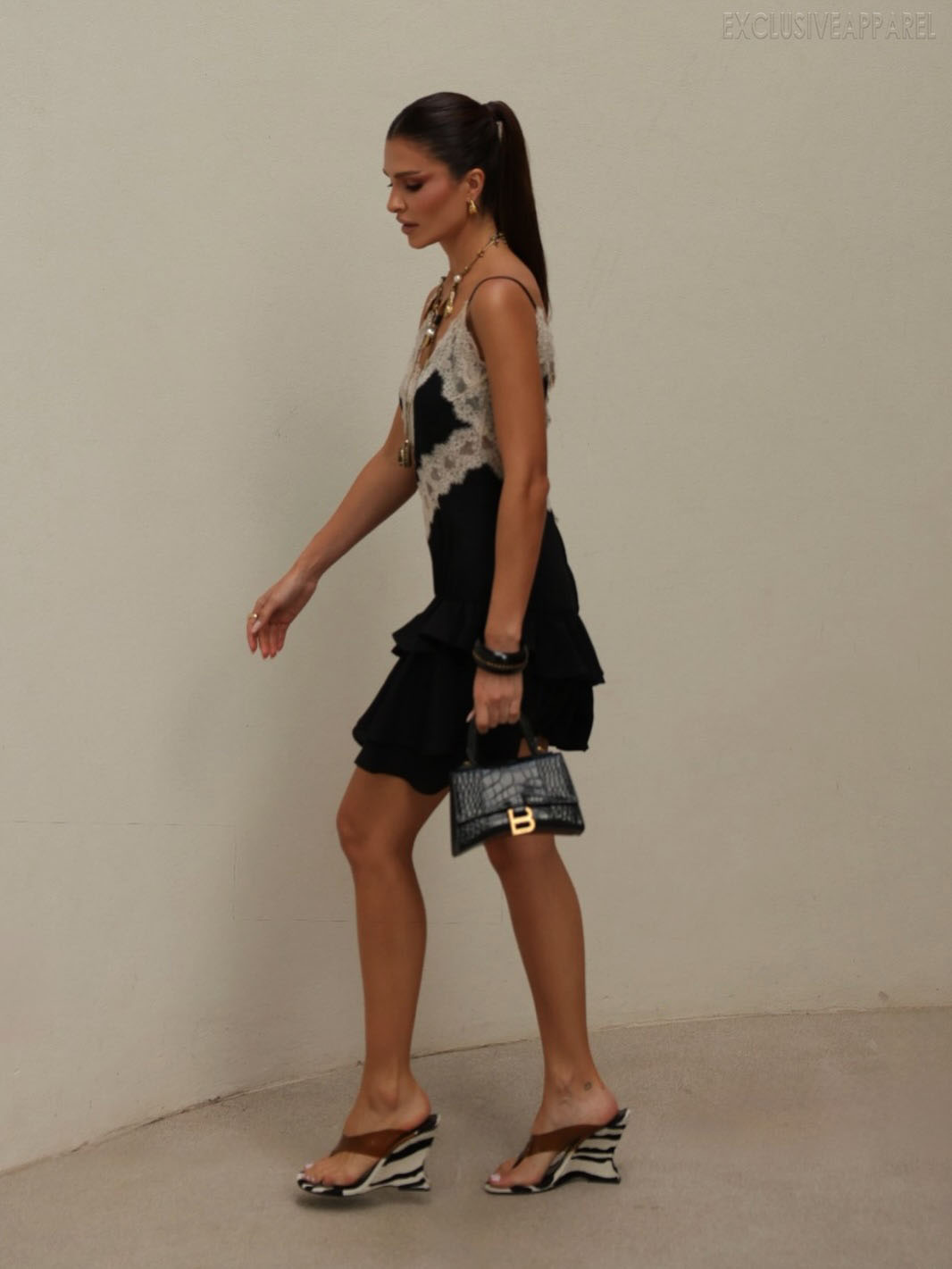Phoebe Black Strapless Lace Ruffled Short Dress