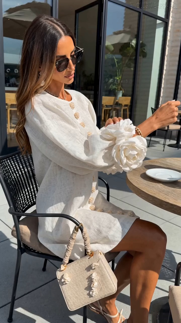 Thalia White Round-Neck Puff  Seeve Short Dress