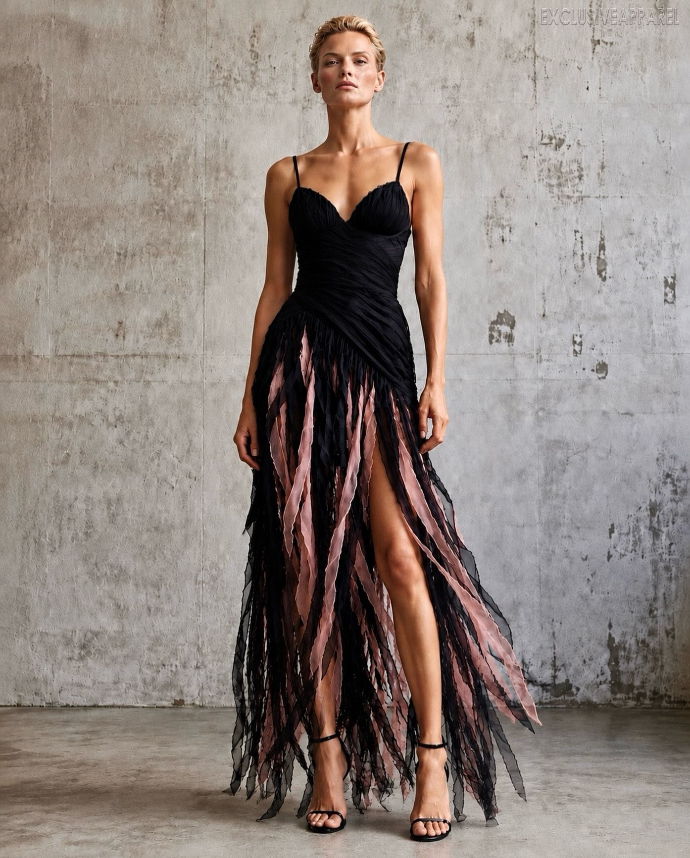 Azalea Black Striped Shoulder-Strap Fringed A-Line Dress