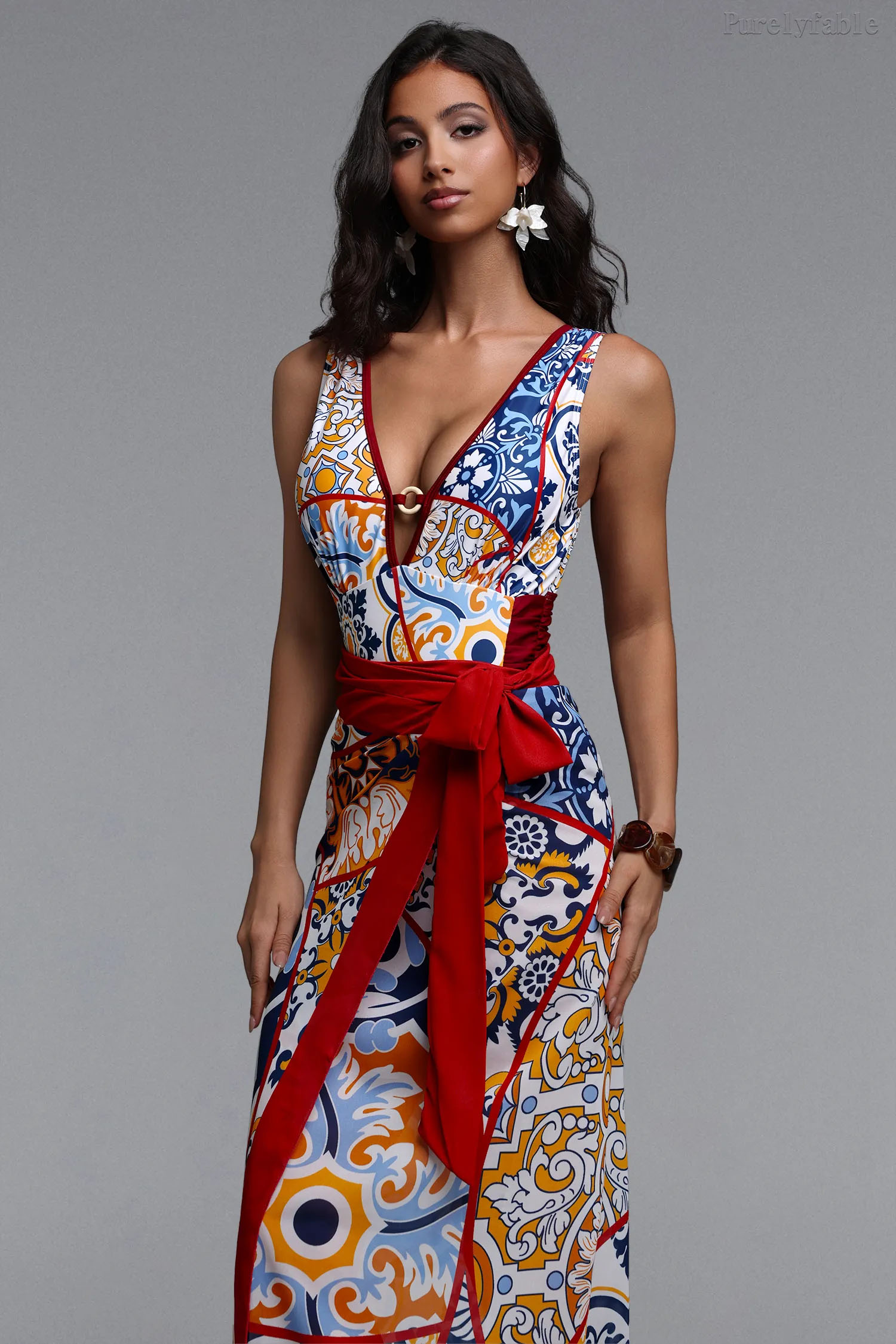 Mabel Red V-neck Printed One-Piece Swimwear Set