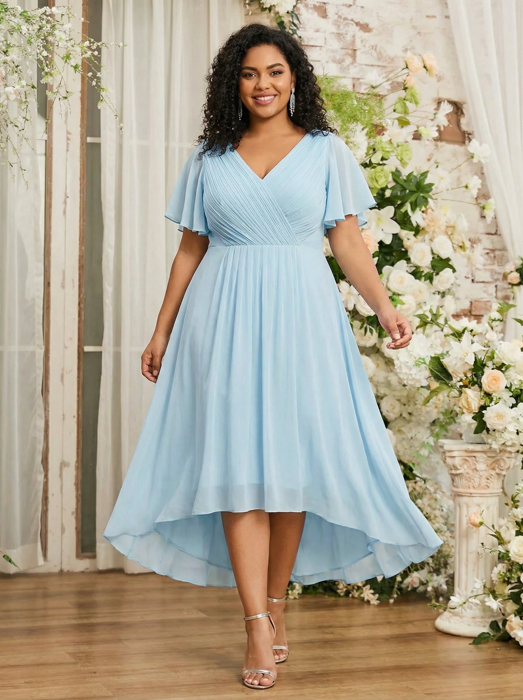 Plus Size Pleated Midi Ruffles Sleeve Chiffon Bridesmaid Dress