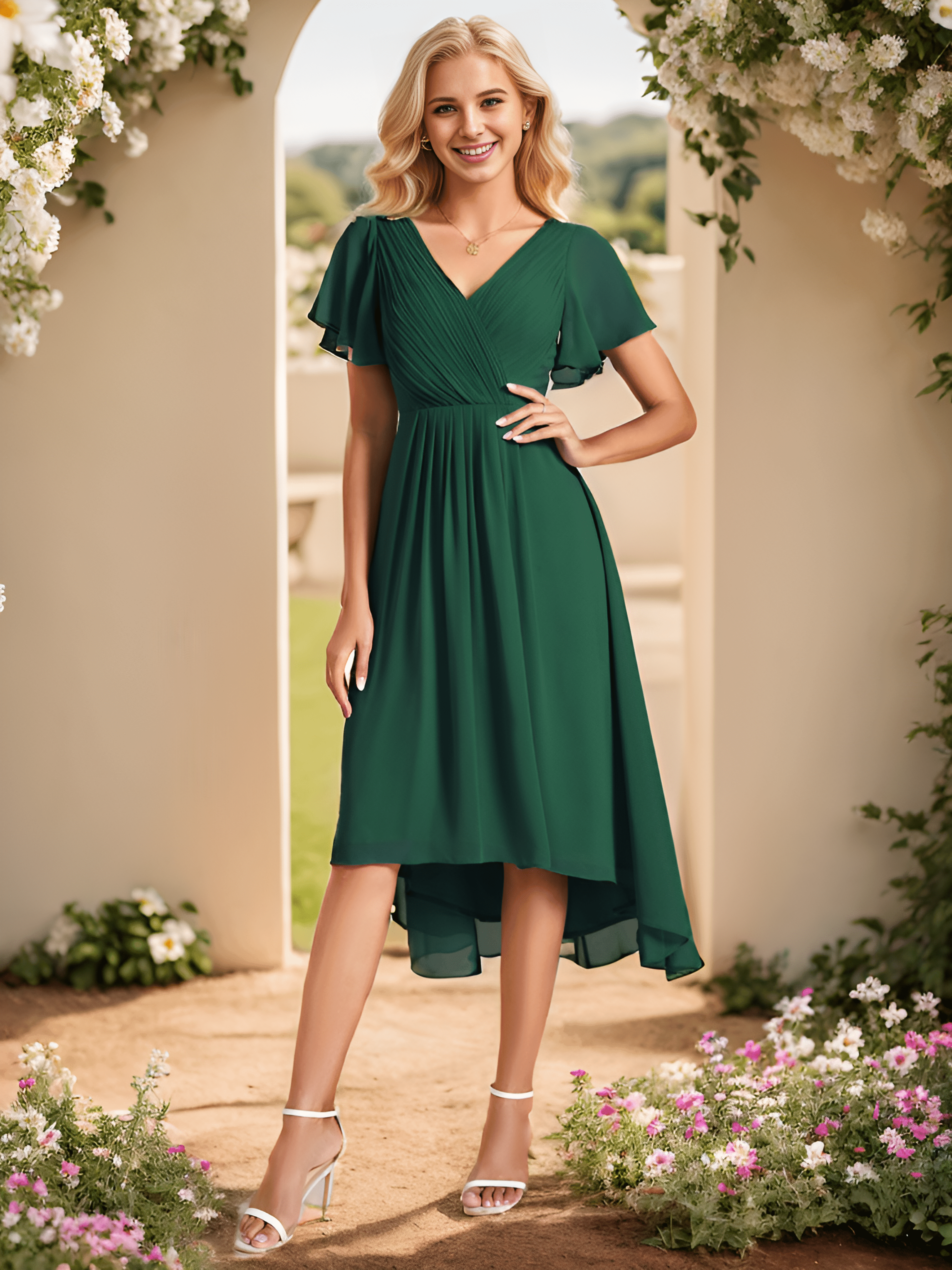 Plus Size Pleated Midi Ruffles Sleeve Chiffon Bridesmaid Dress