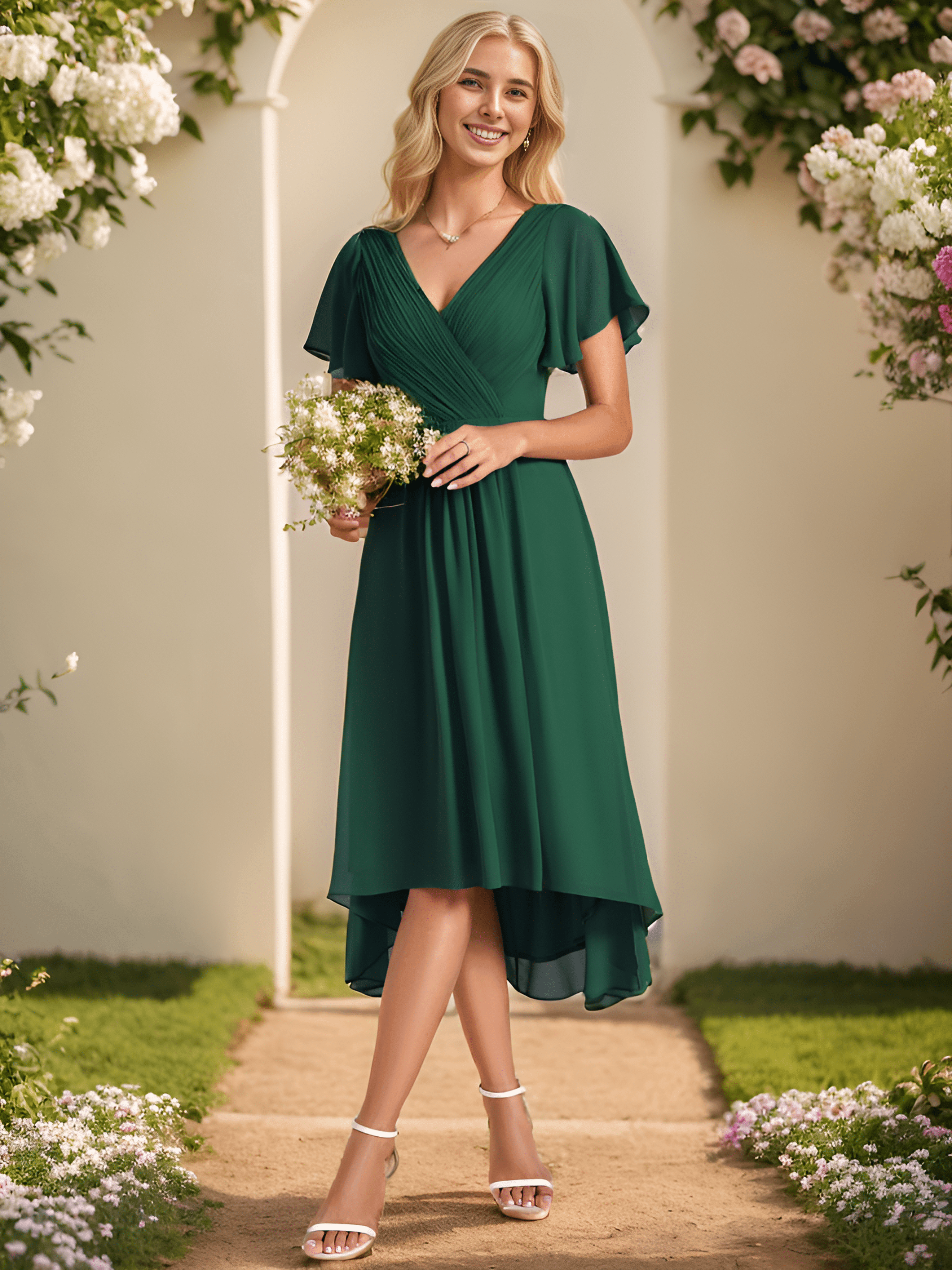 Plus Size Pleated Midi Ruffles Sleeve Chiffon Bridesmaid Dress