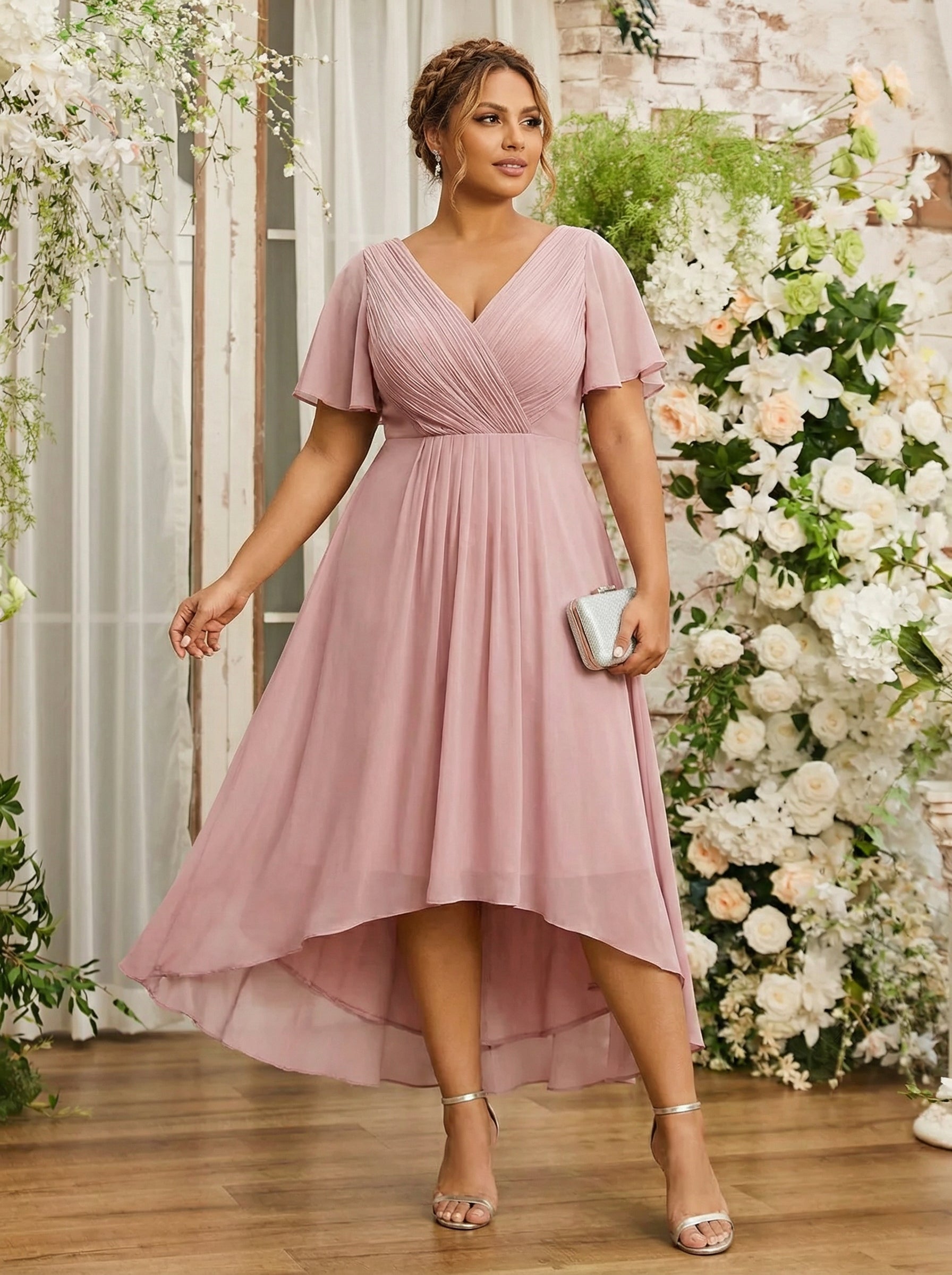Plus Size Pleated Midi Ruffles Sleeve Chiffon Bridesmaid Dress