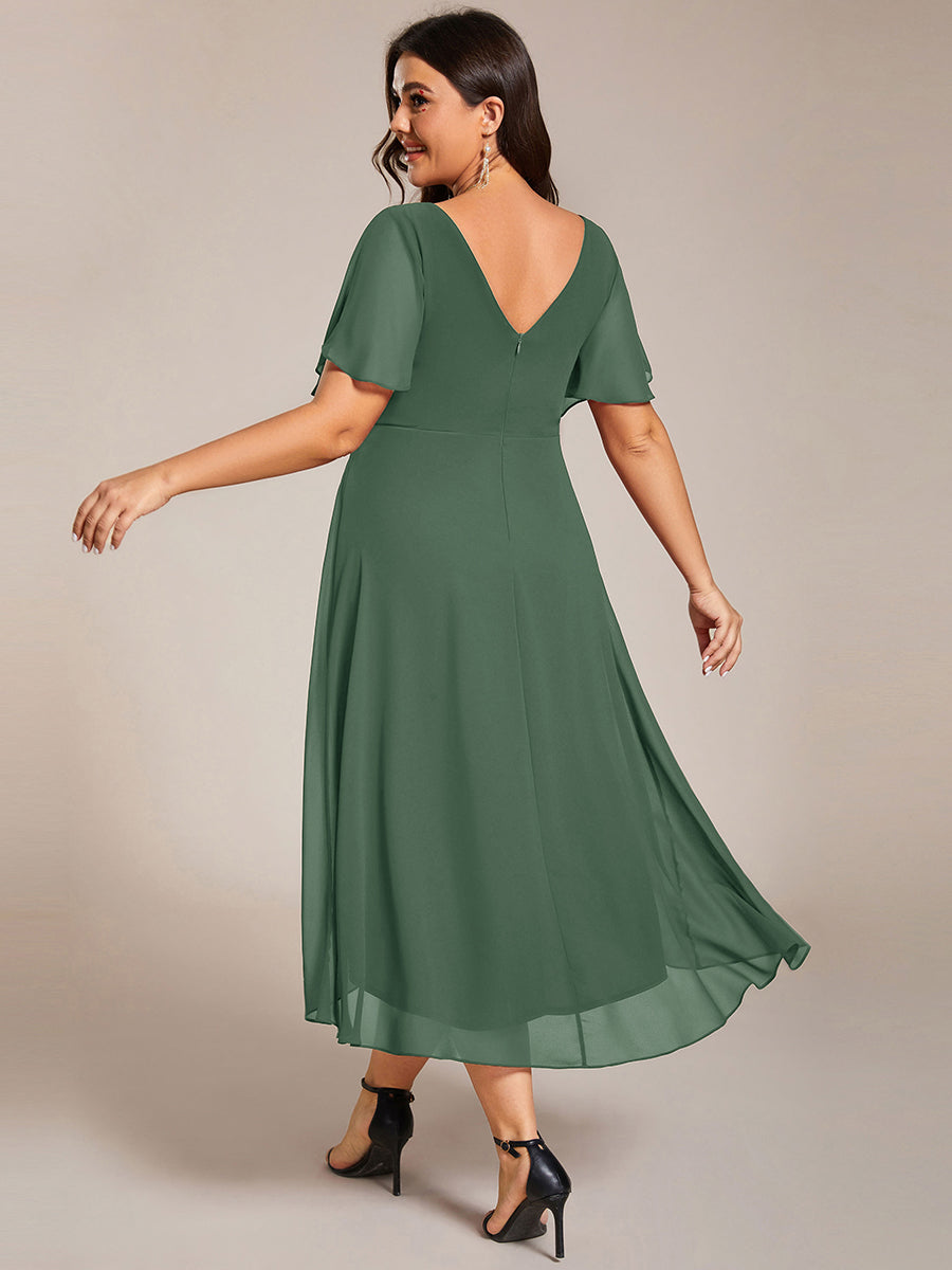 Plus Size V-Neck Pleated Chiffon Midi Wedding Guest Dress