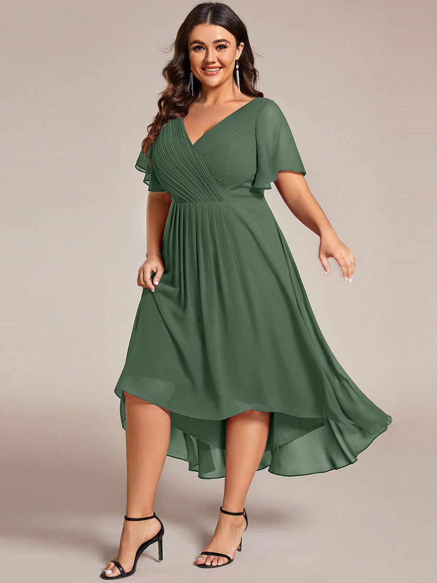 Plus Size V-Neck Pleated Chiffon Midi Wedding Guest Dress