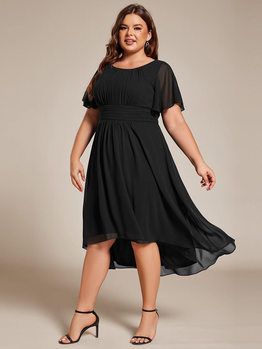 Plus Size Pleated Round Neckline A-Line Midi Chiffon Wedding Guest Dress