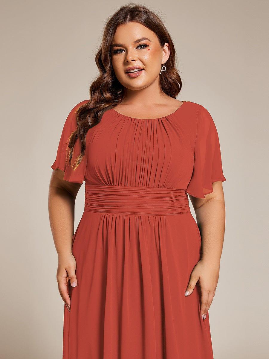 Plus Size Pleated Round Neckline A-Line Midi Chiffon Wedding Guest Dress