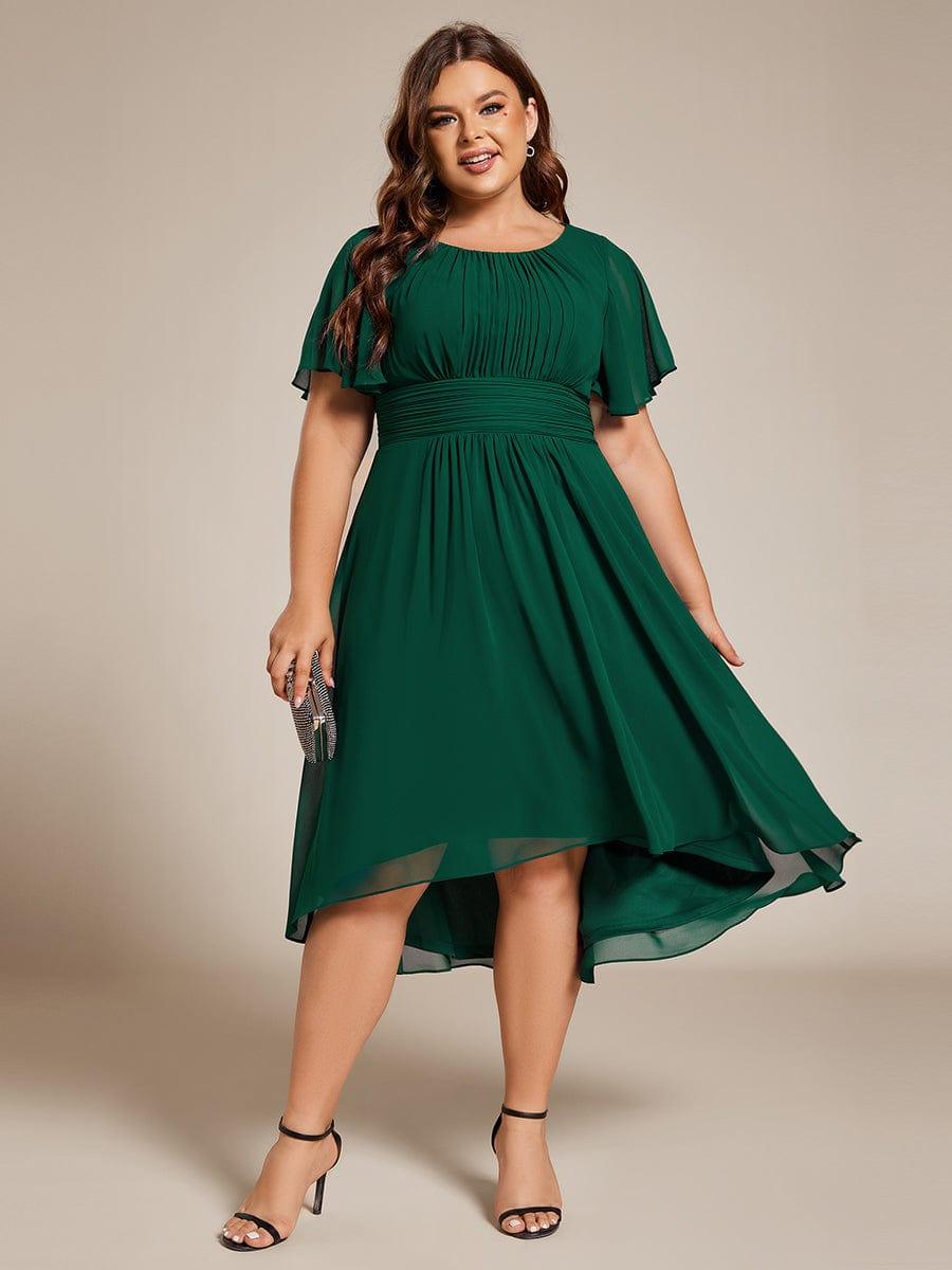 Plus Size Pleated Round Neckline A-Line Midi Chiffon Wedding Guest Dress