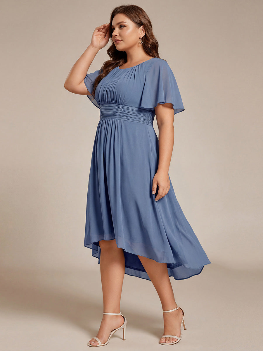 Plus Size Pleated Round Neckline A-Line Midi Chiffon Wedding Guest Dress