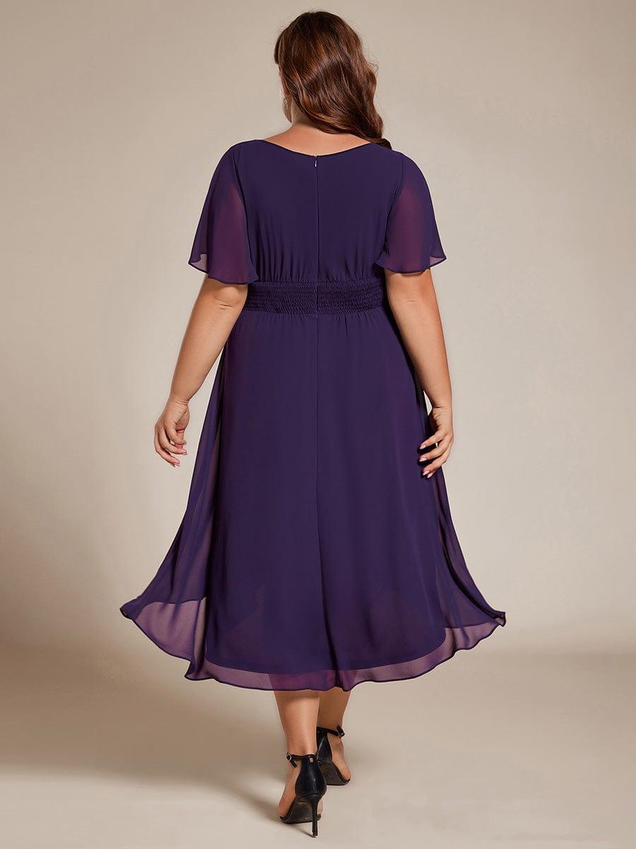 Plus Size Pleated Round Neckline A-Line Midi Chiffon Wedding Guest Dress
