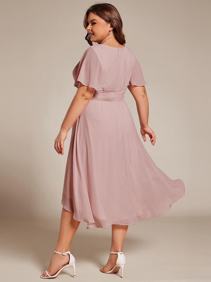 Plus Size Pleated Round Neckline A-Line Midi Chiffon Wedding Guest Dress